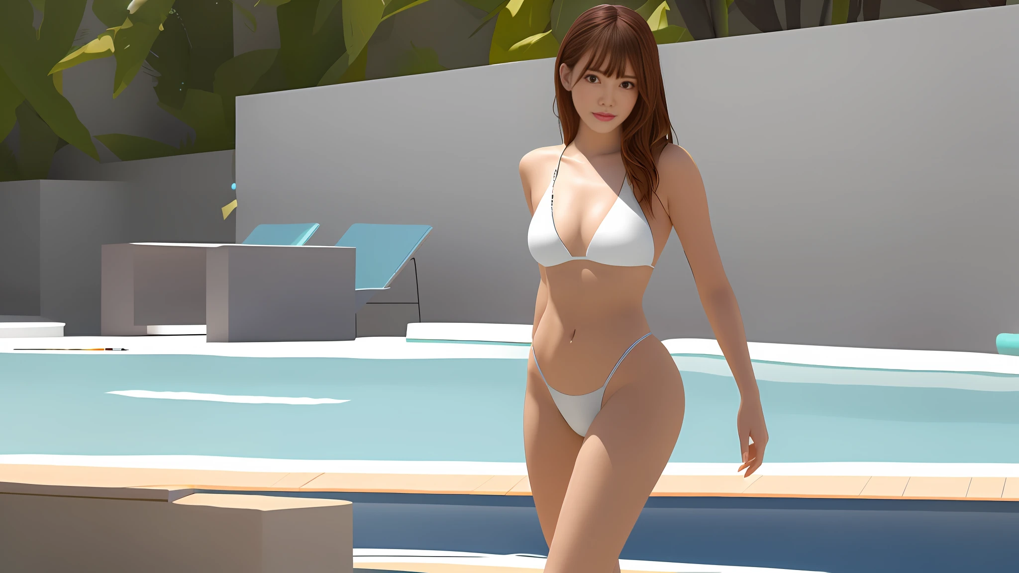 UHD, retina, masterpiece, ccurate, anatomically correct, textured skin, super detail, high quality, best quality, high details, highres, 8k, there is a woman in a white bikini standing next to a pool, realistic bikini, next to a pool, Photorealistic perfect body, Smooth Anime CG Art, wearing bikini, photorealistic anime girl render, Wearing a white bikini, swimsuit model, White Bikini, in bikini, Engaging pose, Japanese Models, realistic shaded perfect body、Perfect and detailed abs、Perfect and detailed navel、sexymodel、With a slight smile、