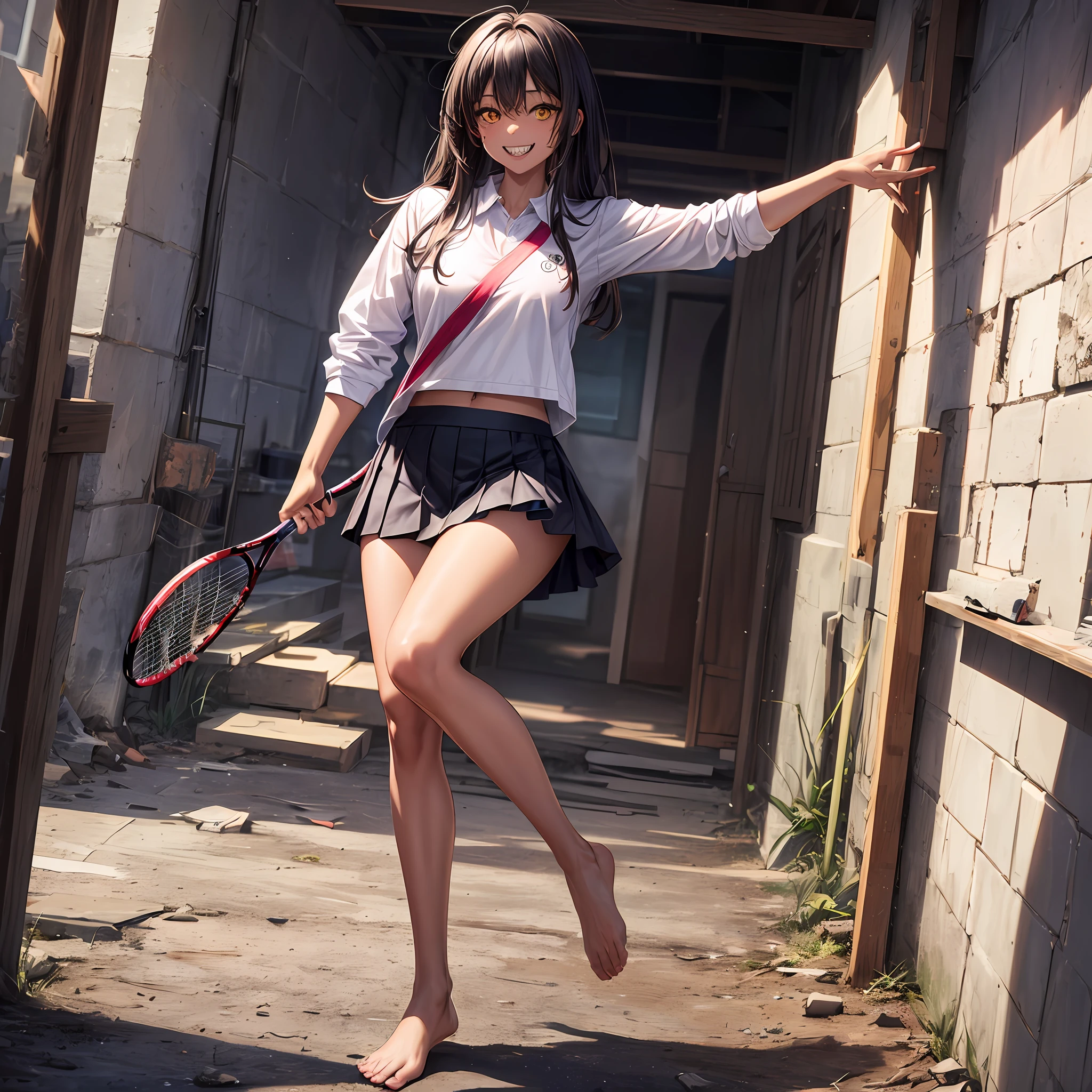 ((high quality)), ((masterpiece)), 8k, 1 girl, brown skin, yellow eyes, bright smile, extremely detailed CG unity 8k wallpaper, sharp teeth, looking at viewer, tennis skirt, white shirt, barefoot , full body, power surrounds, healthy physique, long and messy hair, post-apocalypse, heart shaped hand