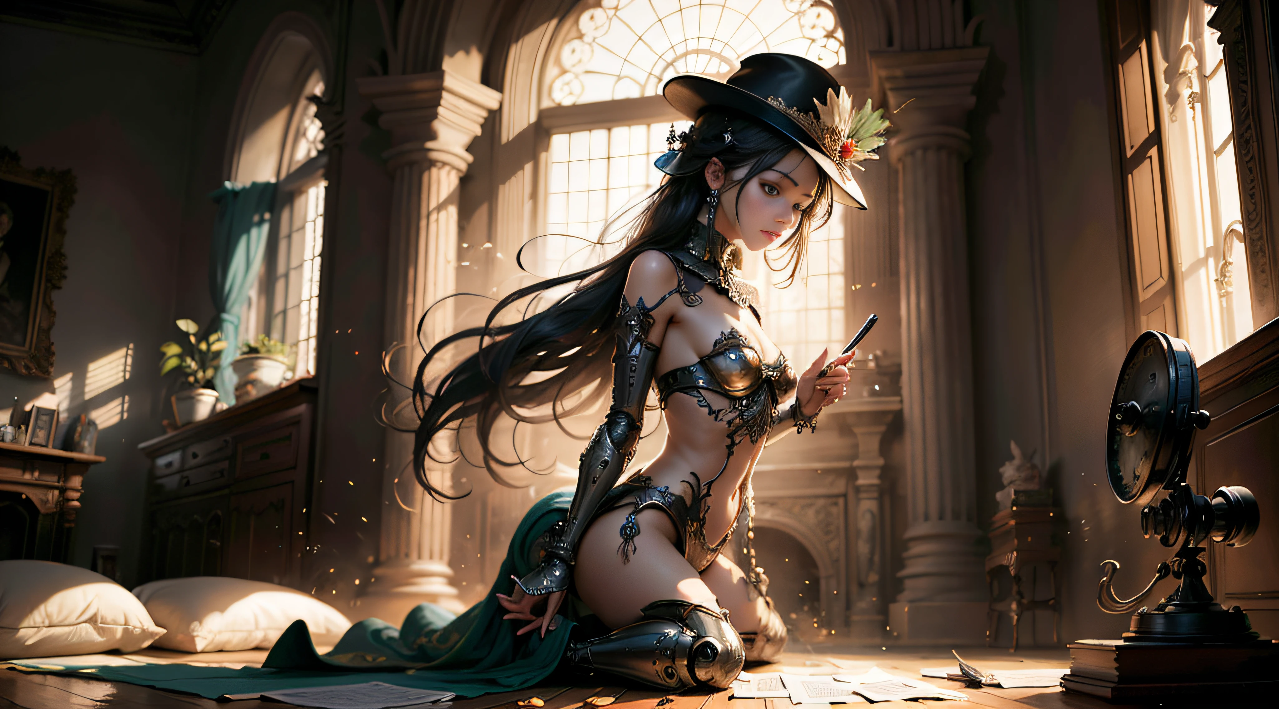 A Helder Arte desenho AI da SeaArt, that AI artistic creativity in an easy and uncomplicated way, Beautiful and ornamental hat, corpo inteiro, vestido lindo e decotado, corpo escultural, mecha de metal, usado,