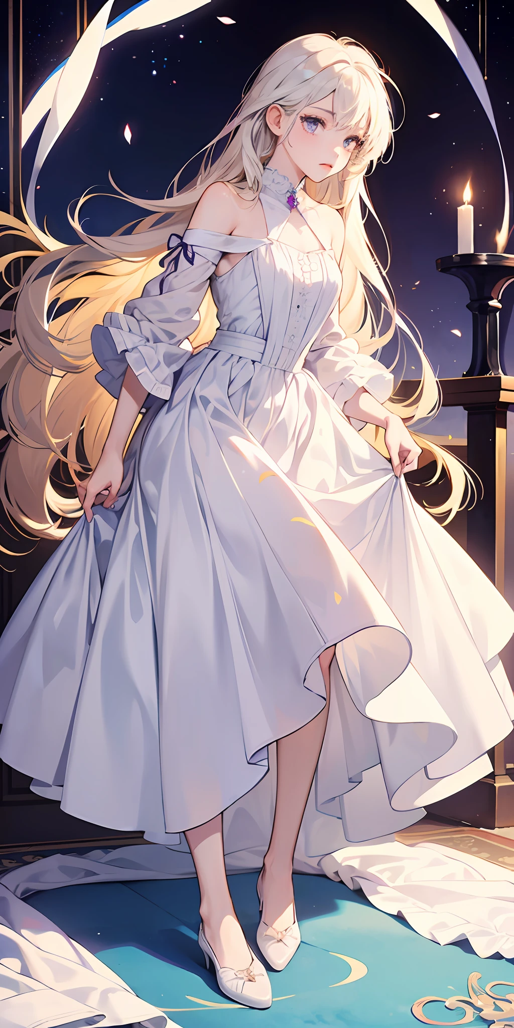 tmasterpiece，（1girll：1.3），beautiful，gentleness，a white long skirt，Dress conservatively，jade foot，long whitr hair（Hair color：white colors，1.2），Purple eyes --auto
