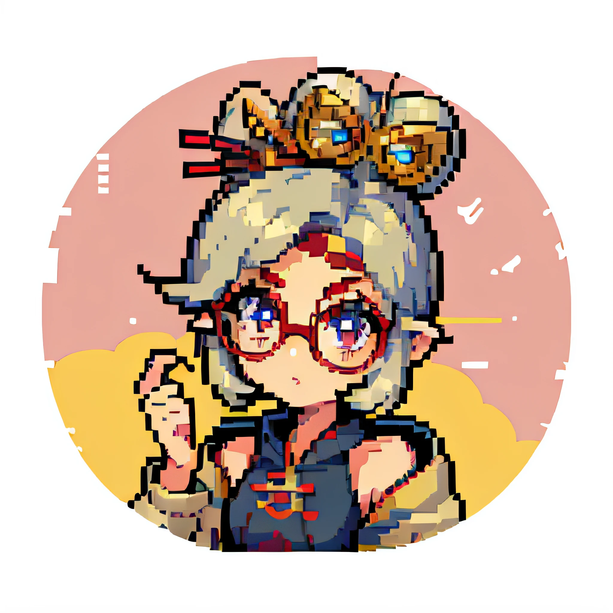 (masterpiece, top quality, best quality), pixel,pixel art,1girl, Legend of Zelda，closeup of face，purah，red glasses, hair ornament, white jacket, sleeveless shirt, black skirt, orange leggings, high heels