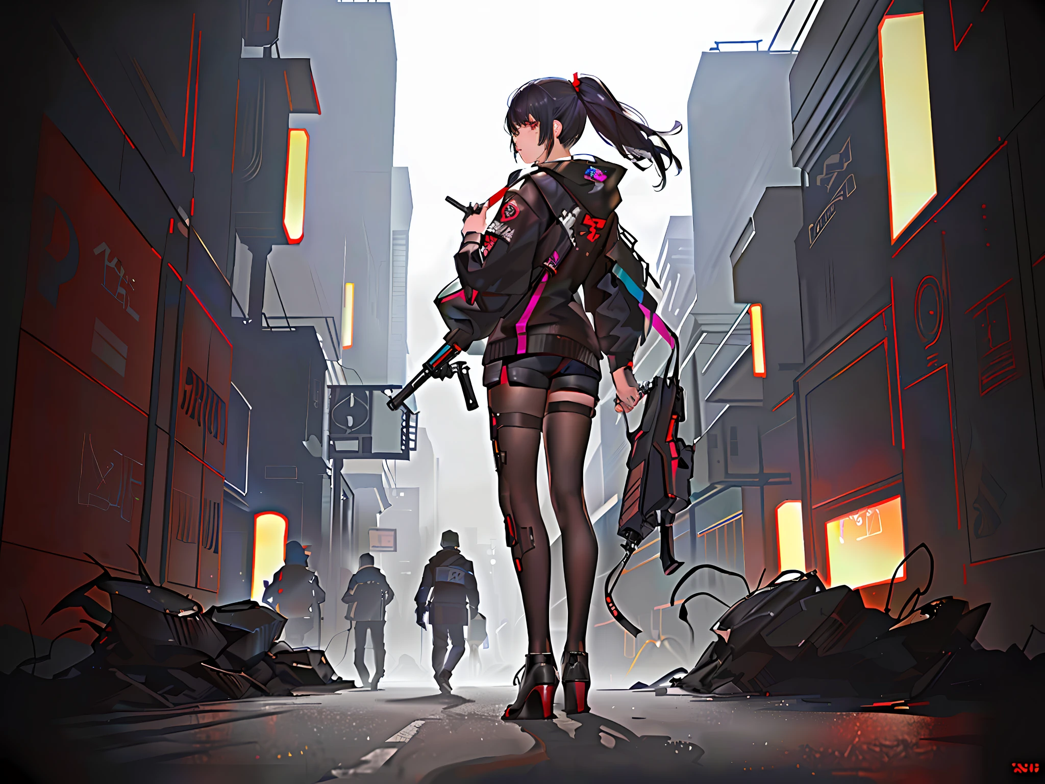 Mecha stands behind the girl cyberpunk