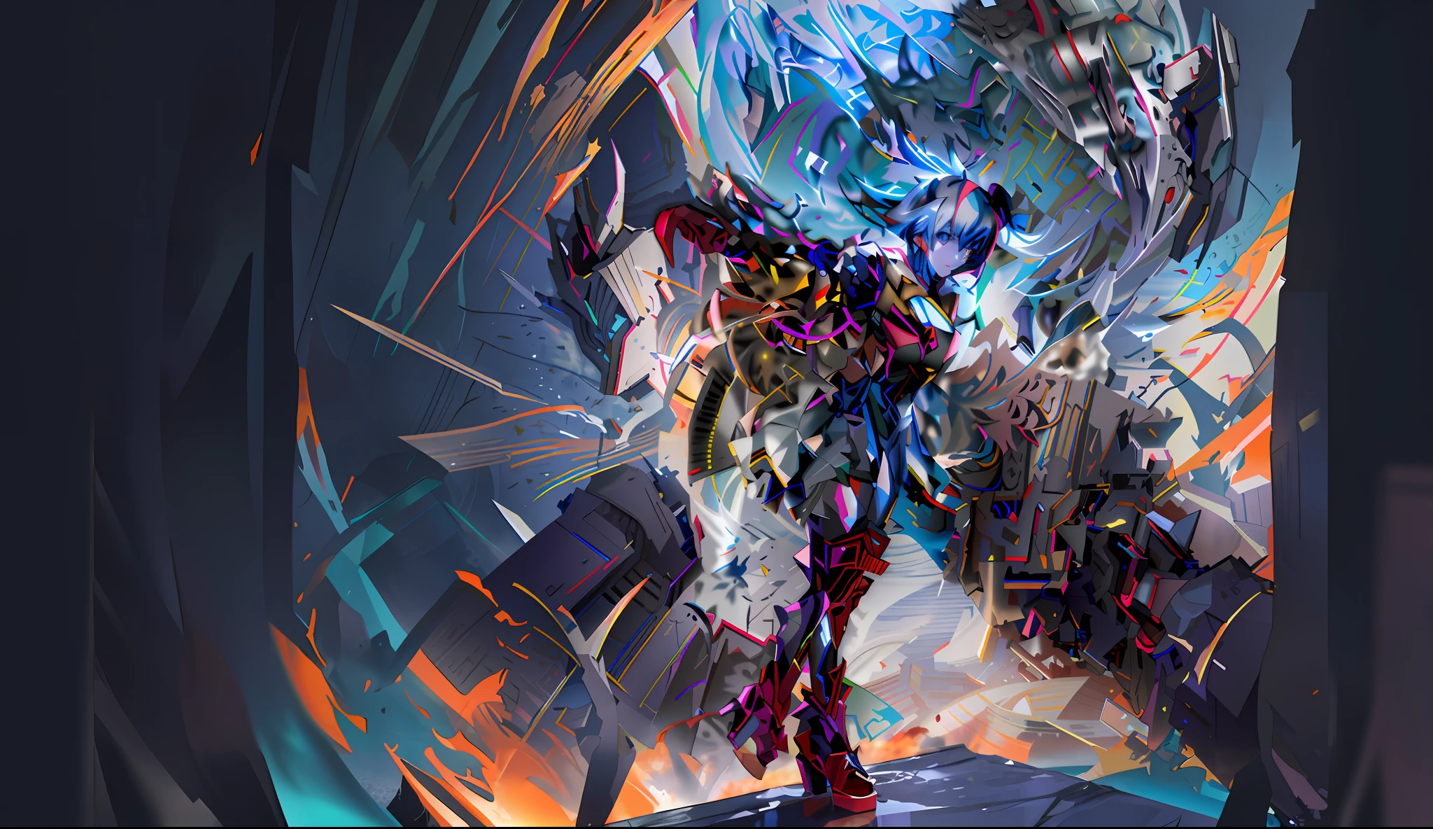 Anime - Girl-style artwork with a lot of artwork, Official artwork, Anime epic artwork, advanced digital anime art, digital advanced anime art, Anime artwork, advanced digital anime art ”, advanced anime digital art, intricate digital painting, high detailed official artwork, Detailed digital anime art, Digital anime art, glitched fantasy painting,Big Curve Girl,Side lens,in mecha style,red high heel pumps,Red and gold battle dress,Pale blue hair,The face is flesh-colored,Battlefields and ruins