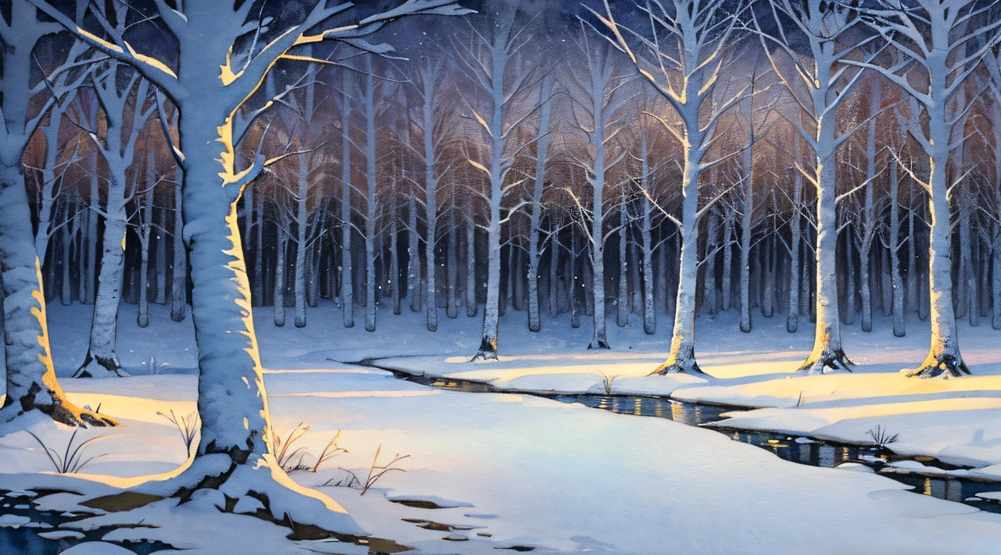thicket, nature, resort, (night: 1.2), ((natural lighting)), clear focus, (long shot: 1.1), watercolor, painting, (winter: 1.2)