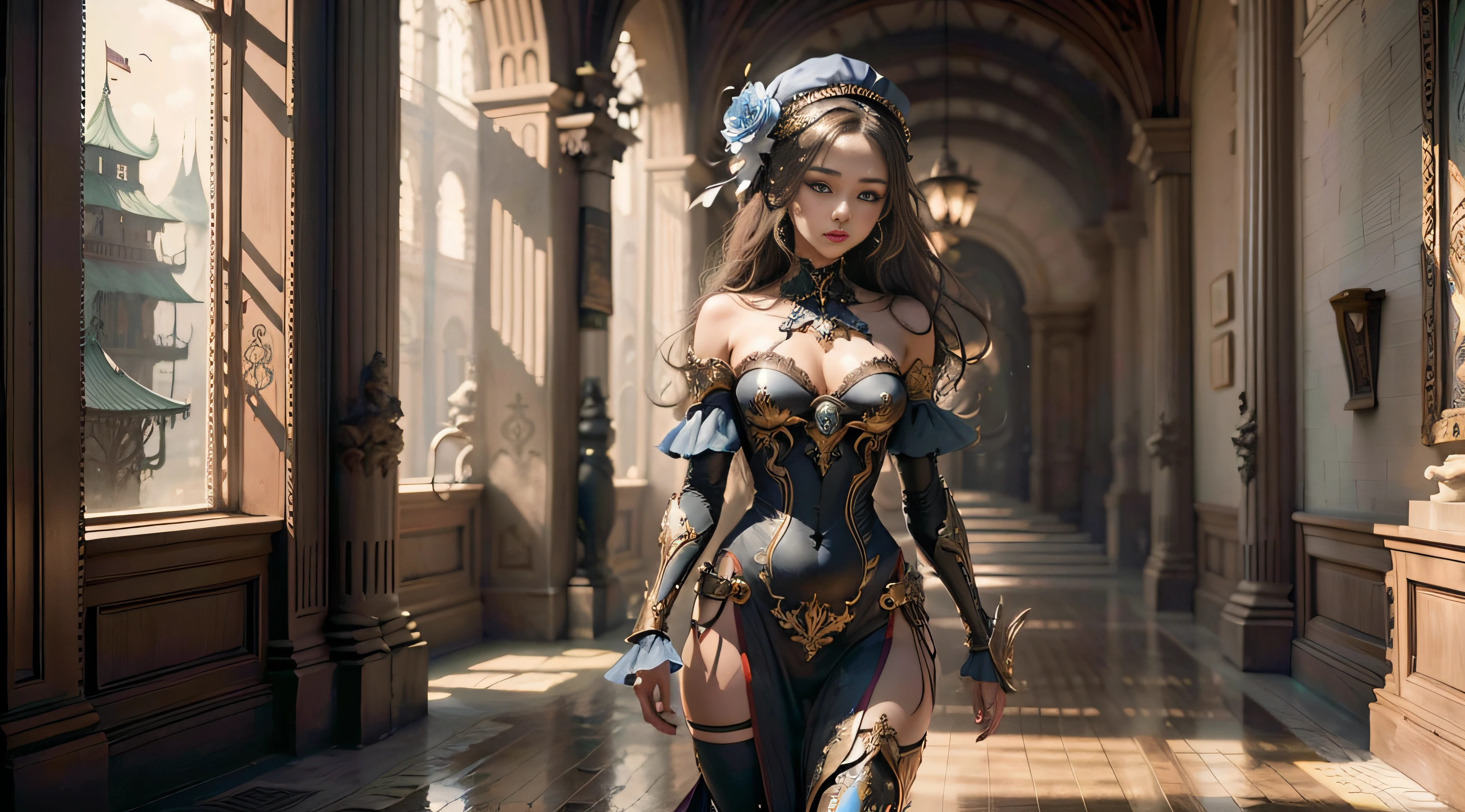 A Helder Arte desenho AI da SeaArt, that AI artistic creativity in an easy and uncomplicated way, Beautiful and ornamental hat, corpo inteiro, vestido lindo e decotado, corpo escultural, mecha de metal, usado,