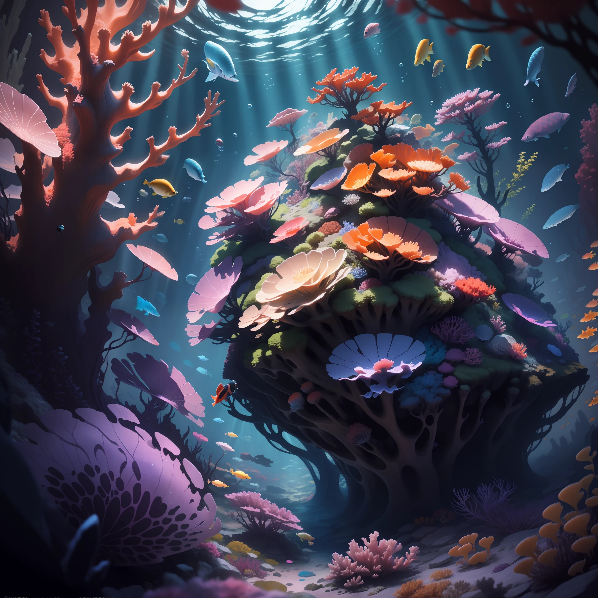 abyssal,the reef,The corals,fish flocks,Colorful,airbubble,llight rays, Cubist futurism, Cinematic lighting,(ultra-wide-angle:1.3) ,Atmospheric perspective, macro photograph, 8K, Super detail, ccurate, Best quality, Textured skin, Award-Awarded, High details