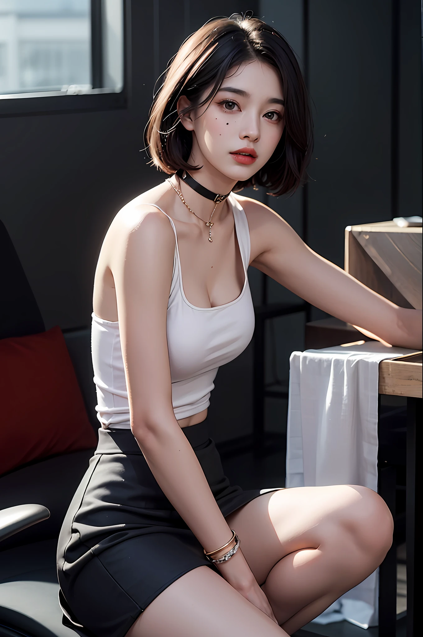 black hair bob，（8K，RAW photos，realisticlying：1.25），（Very lip gloss，Many eyelashes，HighestQuali，超高分辨率，depth of fields，color difference，Caustics，Wide light，natural color，Japanese，Women in their 30s） staring at the audience，choker necklace，bangle，choker necklace，choker necklace，choker necklace，choker necklace，full bodyesbian，，Chest moles，Bare legs，Gray tight skirt，a skirt