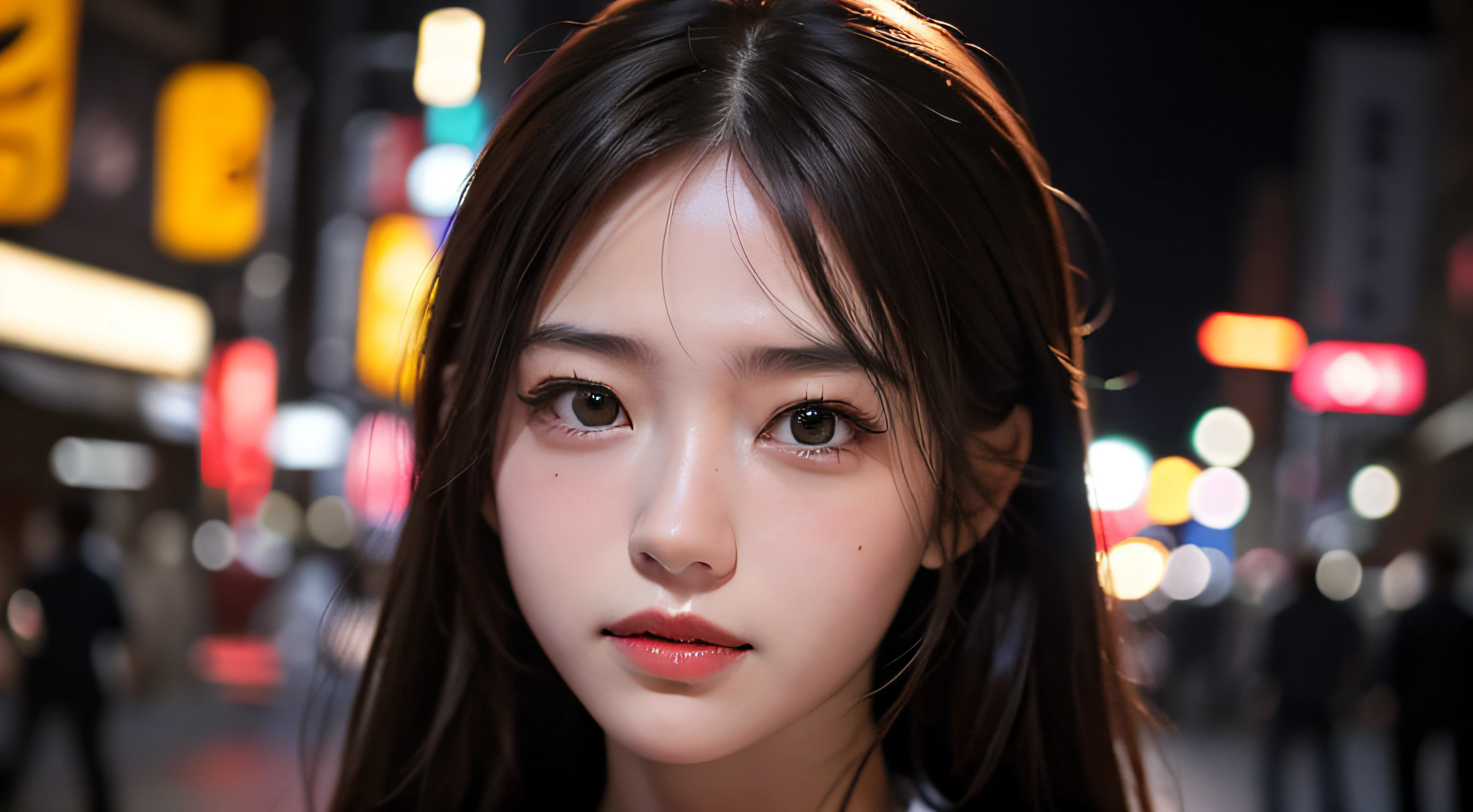 1girl, Tokyo street,night, cityscape,city lights, upper body,close-up, 8k, RAW photo, best quality, masterpiece,realistic, photo-realistic,
