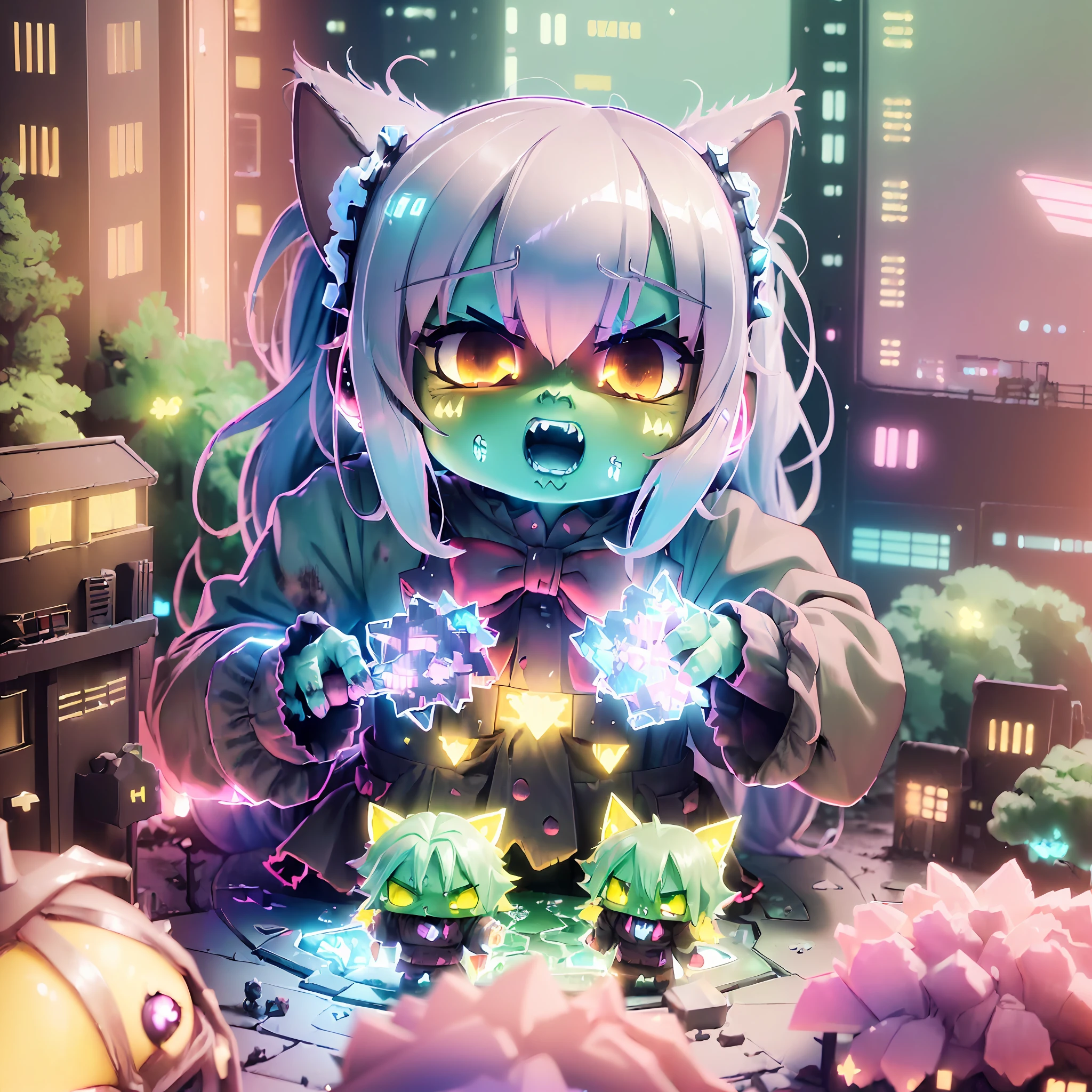 (award winning 8k official art:1.3) of (mad (giant zombie chibi gtsgiga), open mouth, monstrous, breaking:1.3), angry, kawaiitech, kawaii, cute colors, ferocious, good fingers, night, extremely detailed background, sweet, front, epic, (masterpiece:1.4), (best quality:1.4), Amazing, beautiful, finely detailed, (Depth of field:1.4), extremely detailed 8k, stunning, (light reflections:0.5), (crisp:1.5), red twin tails, vibrant, (edge detection:1.2), absurdres, impressive, 120mm, clear, powerful