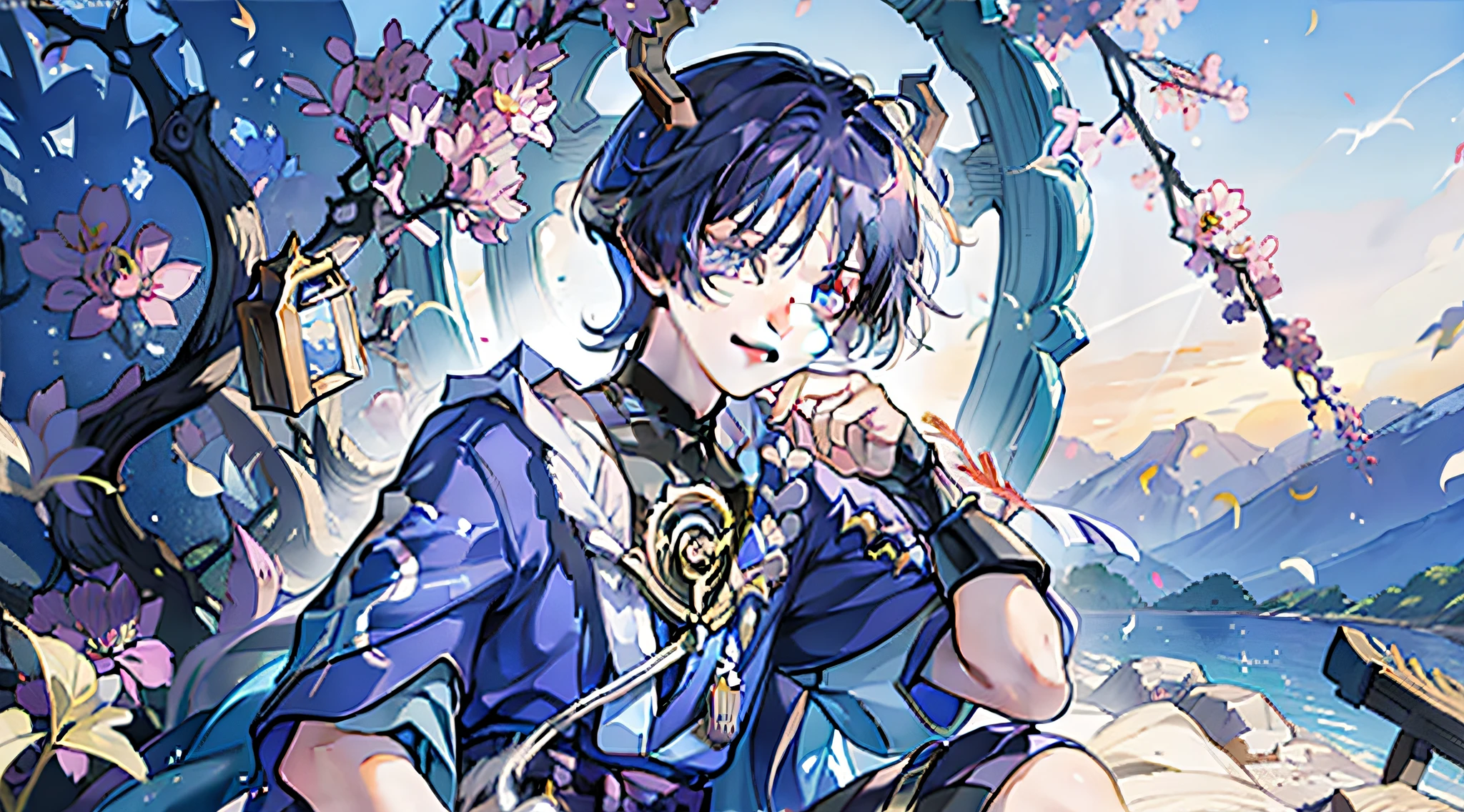 Genshin Scattering,A ager,Blue-purple hair,Holding a bouquet of flowers,With a smile,rays of sunshine,cg,Complicated details