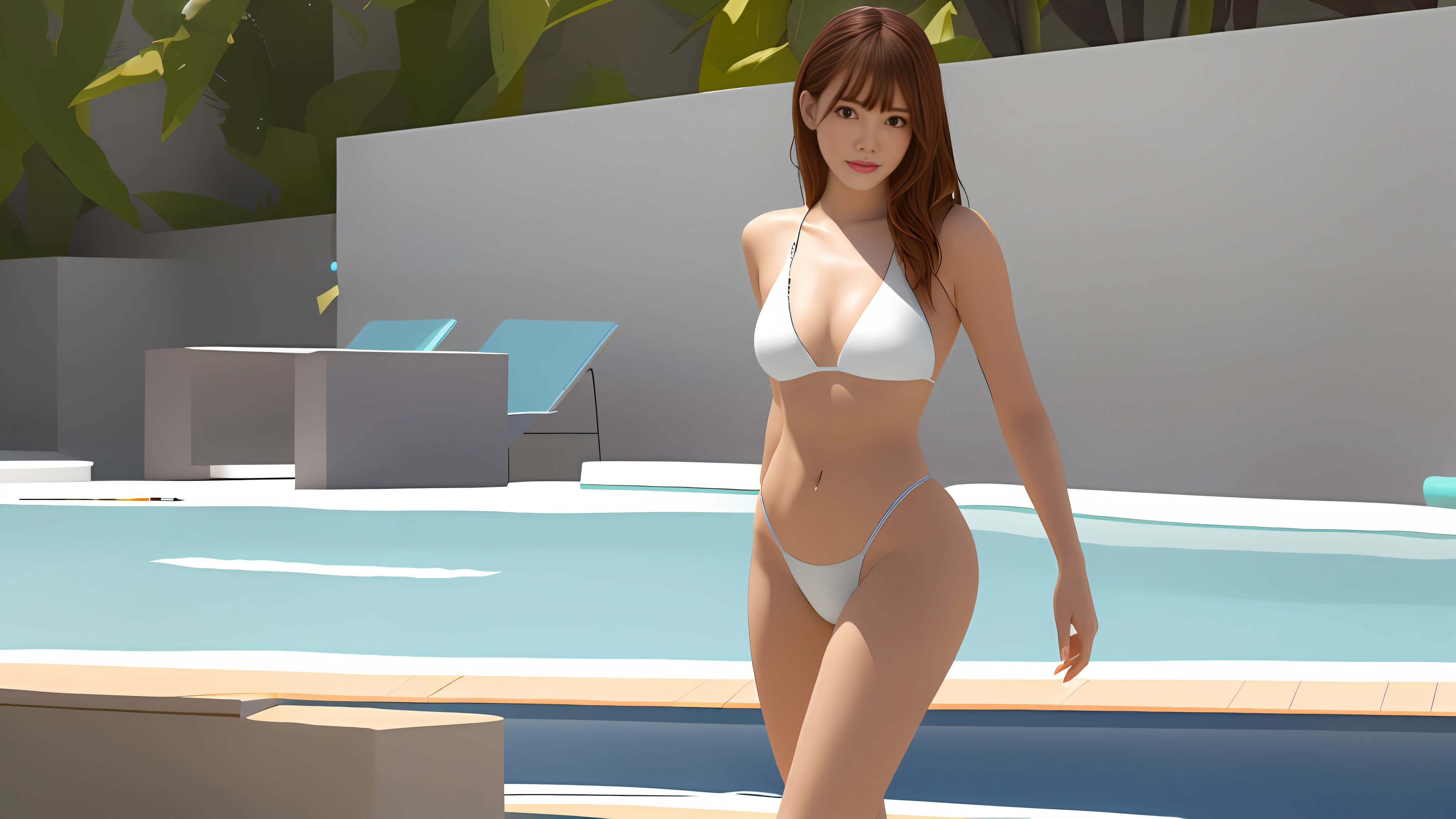 UHD, retina, masterpiece, ccurate, anatomically correct, textured skin, super detail, high quality, best quality, high details, highres, 8k, there is a woman in a white bikini standing next to a pool, realistic bikini, next to a pool, Photorealistic perfect body, Smooth Anime CG Art, wearing bikini, photorealistic anime girl render, Wearing a white bikini, swimsuit model, White Bikini, in bikini, Engaging pose, Japanese Models, realistic shaded perfect body、Perfect and detailed abs、Perfect and detailed navel、sexymodel、With a slight smile、