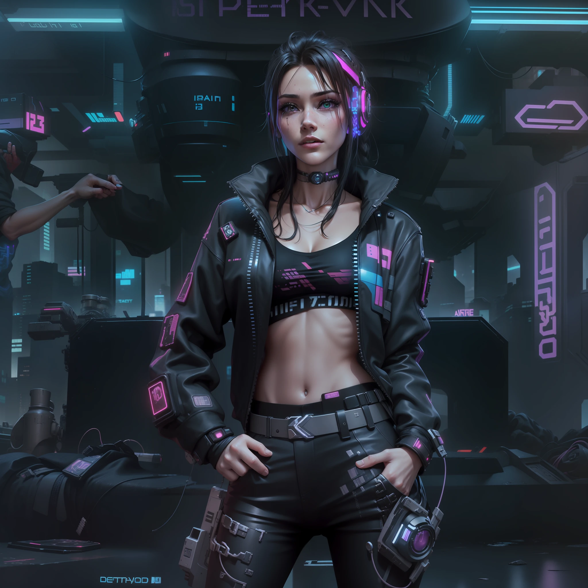 ((Best quality)), ((work-before)), (highly detailed:1.3), .. 3D, beautiful (cyberpunk:1.3) , Stylish woman looking at camera, black pants, black t-shirt