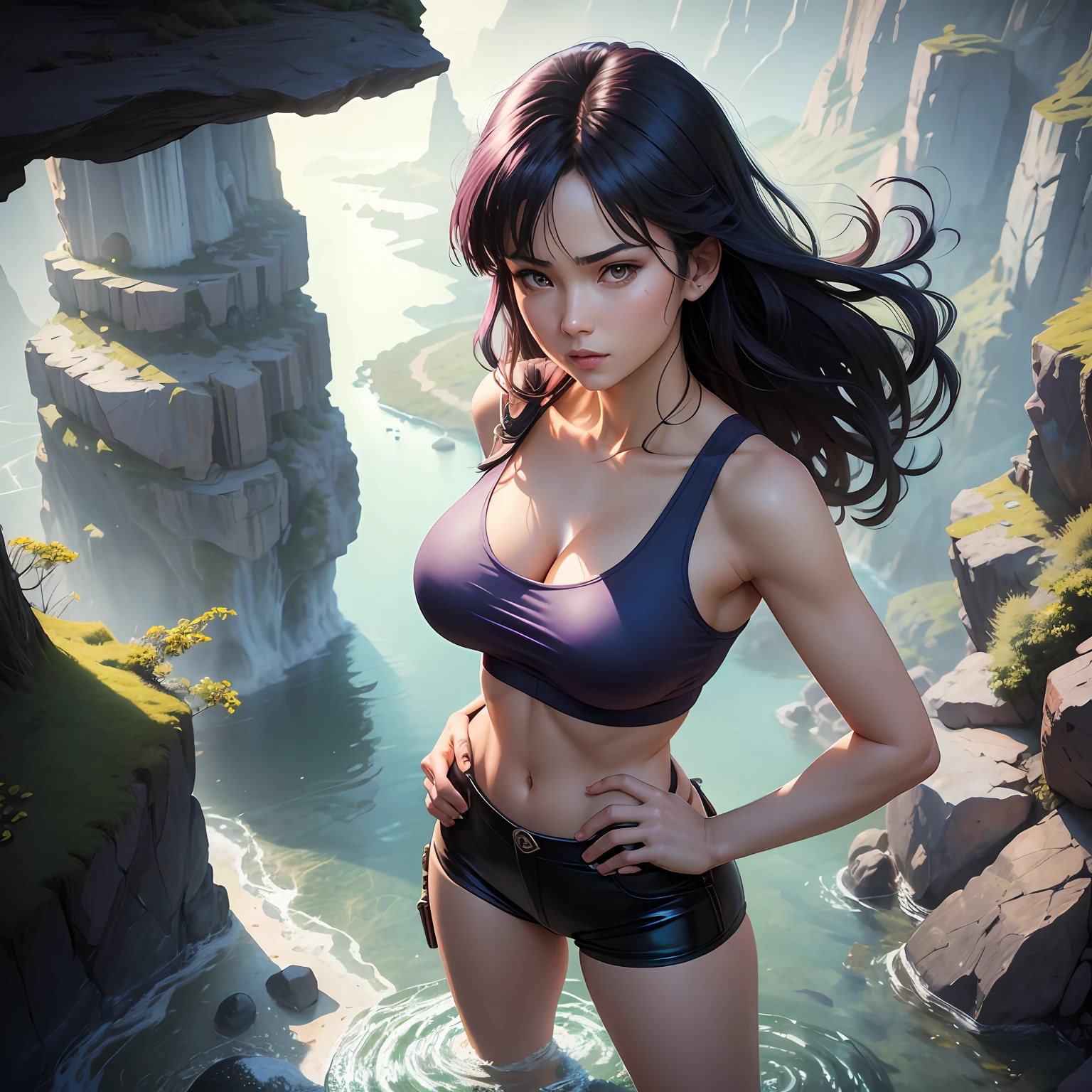 Arti modern anime. Birds eye view, A stunningly beautiful misato katsuragi from anime evangelion walking in Cavern, detailed tank top,D cup big bust, slim body. vixip, close-up face portrait, by yoshiyuki sadamoto, yoko taro, watercolor. Blush, Water drop, rock, water reflection, stairs, trod. Hand drawing illustration, cinematic lighting, highly detailed. Perfect composition golden ratio, masterpiece, best quality, 4k, sharp focus. Better hand, perfect anatomy. By sumic.mic --auto