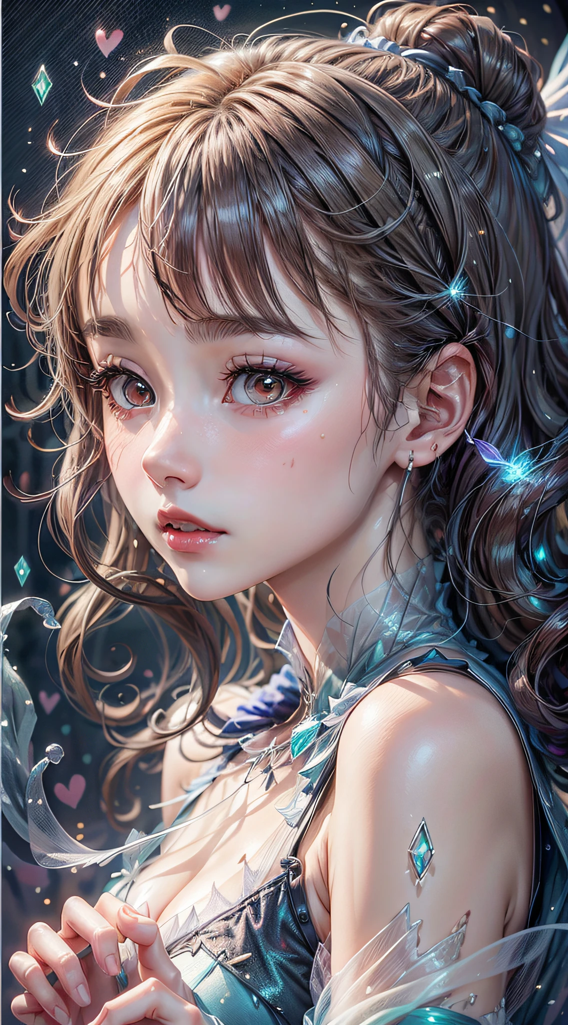 Beautiful girl story wrapped in love, Beautiful eye details, A captivating anime girl gracefully emerges from the pages of a watercolor painting, Her vivid and complex colors are, Bring your artwork to life, (see-through transparent clothes, Transparent costume:1.5), She dons an extraordinary fantasy costume adorned with delicate details, reflecting the enchanting world she inhabits, Luminescent elements, like glowing crystals and ethereal wisps, surround her, casting a soft, otherworldly glow, The style of watercolor painting is、Imbues the image with a sense of fluidity and delicacy, as if the colors are effortlessly blending and bleeding into one another, Camera shot: medium shot, Soft Focus, Luminescent glow illumination, watercolor brushstrokes, Sophisticated and very delicate anime illustration, unique colors, Portrait of an anime girl, infinite love, Irridescent color, beautiful girl illuminated by seven colors of light,