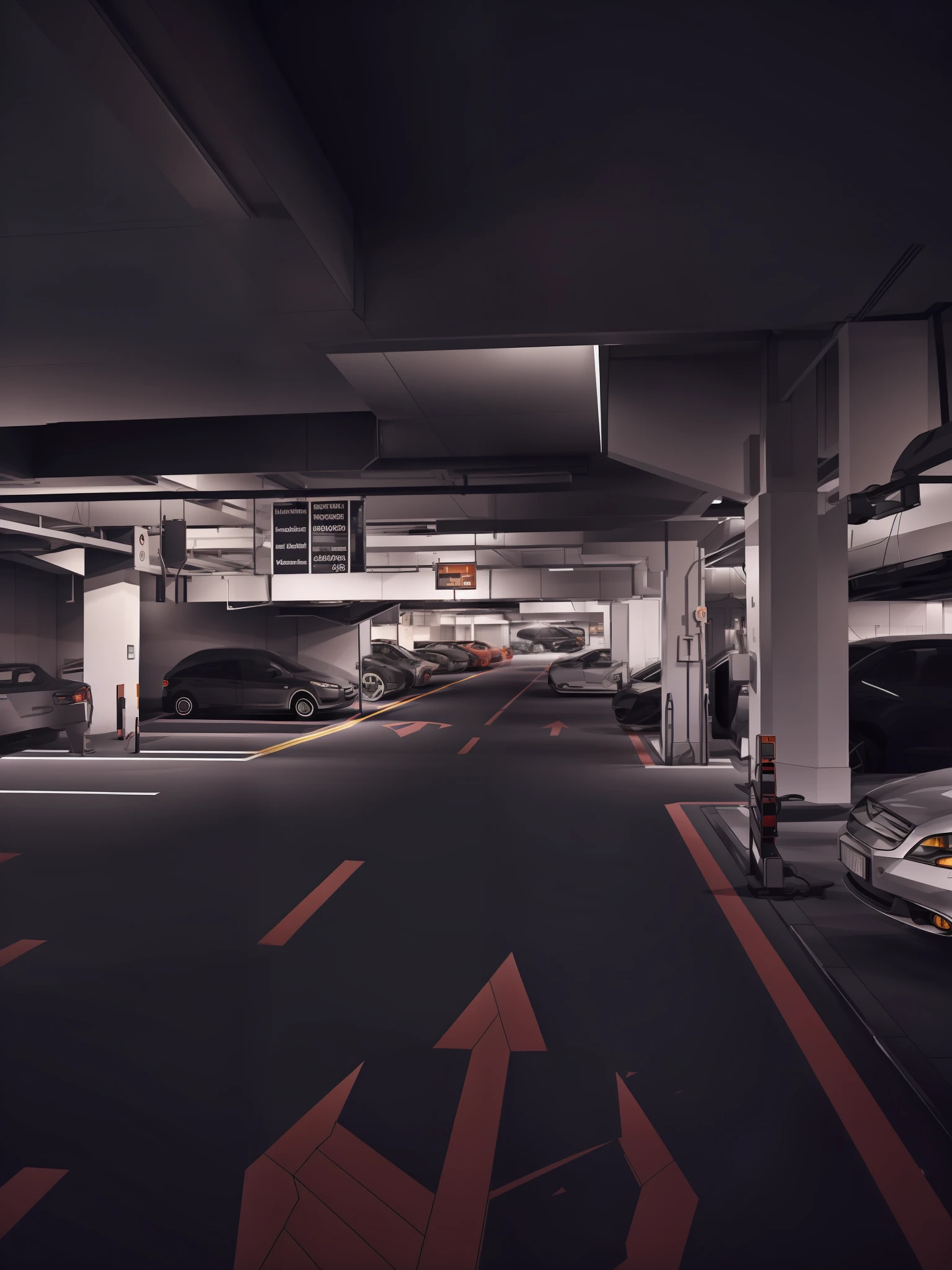 Interior design,Very detailed wide angle architectural photography,parking lot,Cars are parked,Signage,Interesting light and shadow,depth of fields,low-light,,