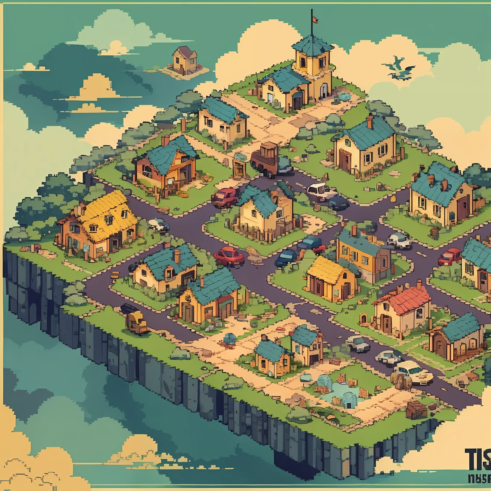 top quality, best quality, High-quality illustrations, masterpiece, mother2 map, town, load, car, Tree, Cloud, Bird, Store, Signboard, pixel art, dots, Quarter View, Isometric View,