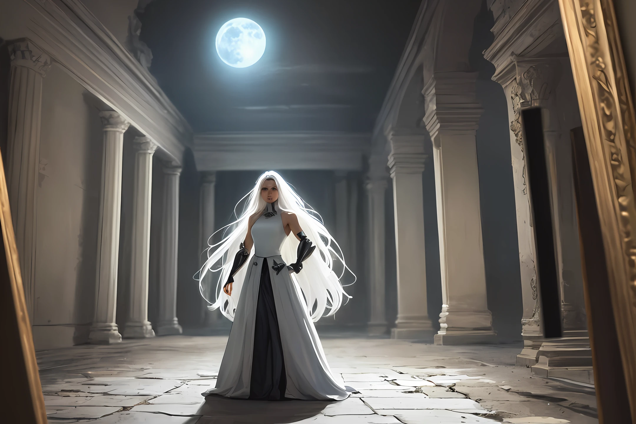 tmasterpiece, 4k resolution, ultra realisic, A highly detailed), (White Demon Theme, Charismatic, There is a girl in the mines of the castle, She's a demon), [ ((25 years), (Long white hair: 1.2), full - body, (Cyan eyes: 1.2), ((Imperious posture,show of strength, jumping from one building to another), ((sandy urban environment):0.8)| (urban landscape, in night, dinamic lighting), (full moon))] # Explanation: The Prompt mainly describes a 4K painting of ultra-high definition, Very realistic, very detailed. It depicts a demon in the dungeon of the palace. The theme in the painting is a white superhero theme, the female protagonist has long white hair, She is 25 years old, And the painting shows her whole body. In terms of depicting the actions of superheroines, spheres are used