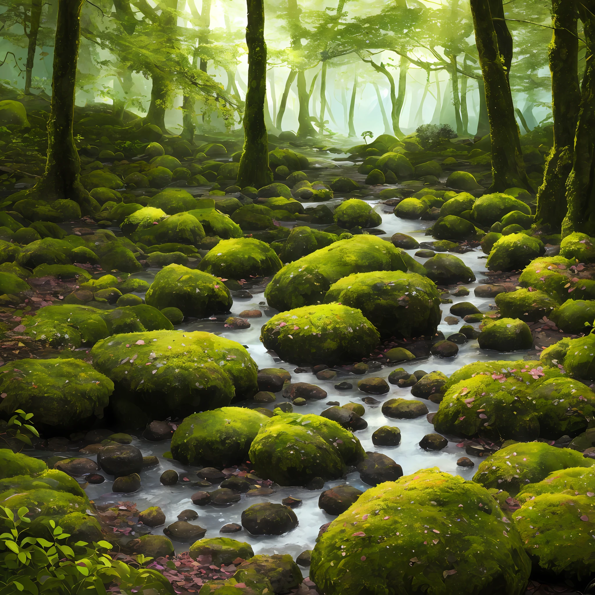 scenecy，In the forest，Strange plants grow，There are glowing mushrooms，purpleish color，Cyan tree，There is a stream，There are mossy stones around，Dark all around，Sunlight falls through the leaves，Realistic style，The scene is delicate，Light， --auto