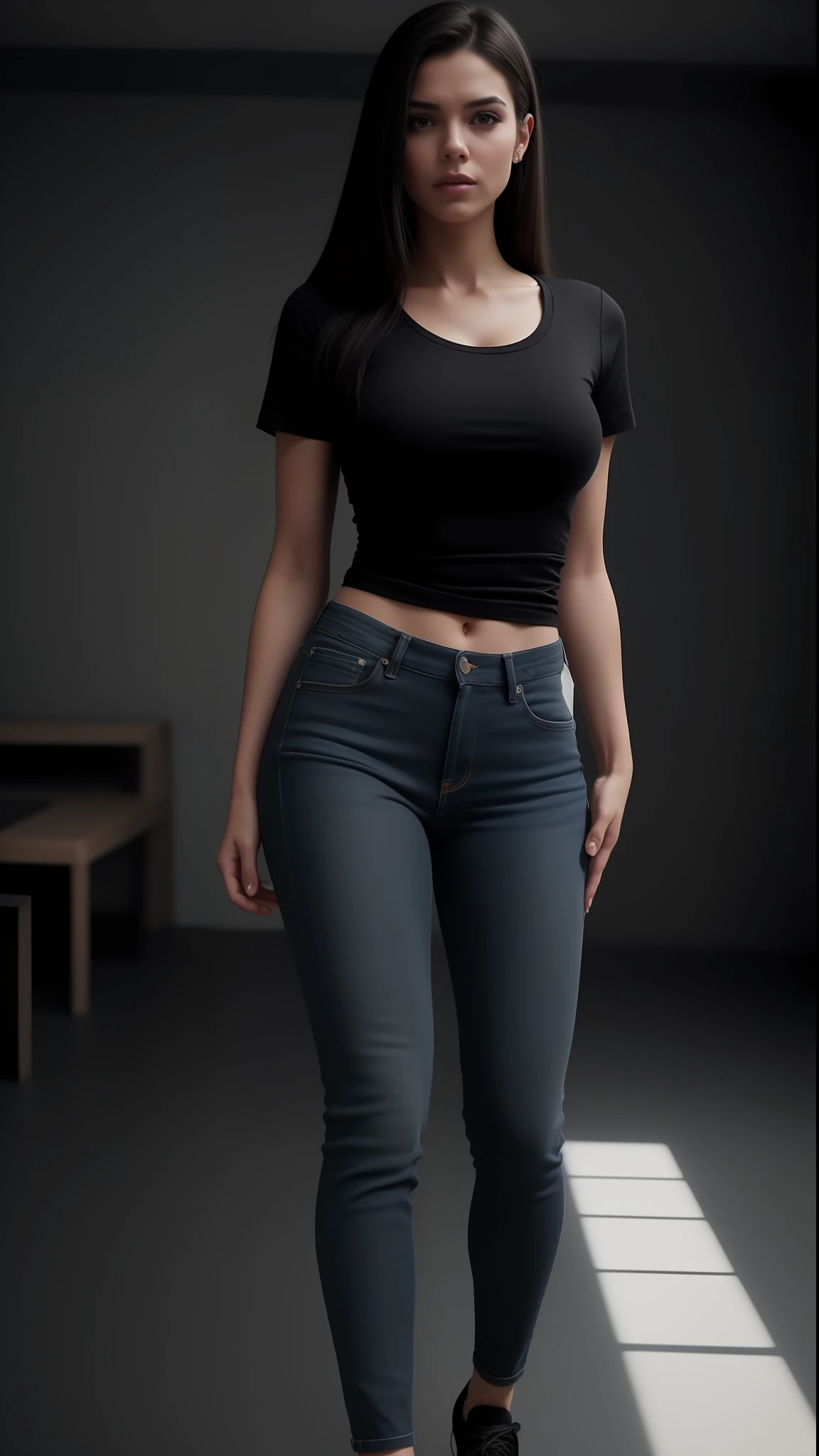 .(Futuristic spanish young woman, in a black basic tee-shirt, tight jeans) action pose, epic scene, lots of fine detail, movie style, photography, natural textures, natural light, natural blur, photorealism, cinematic rendering, ray tracing, highest quality, highest detail, Cinematic, Blur Effect, Long Exposure, 8K, Ultra-HD, Natural Lighting, Moody Lighting, Cinematic Lighting, hyper-realistic, vibrant, 8k, detailed, ultra detail, black round neck Tee-shirt with tight jeans,