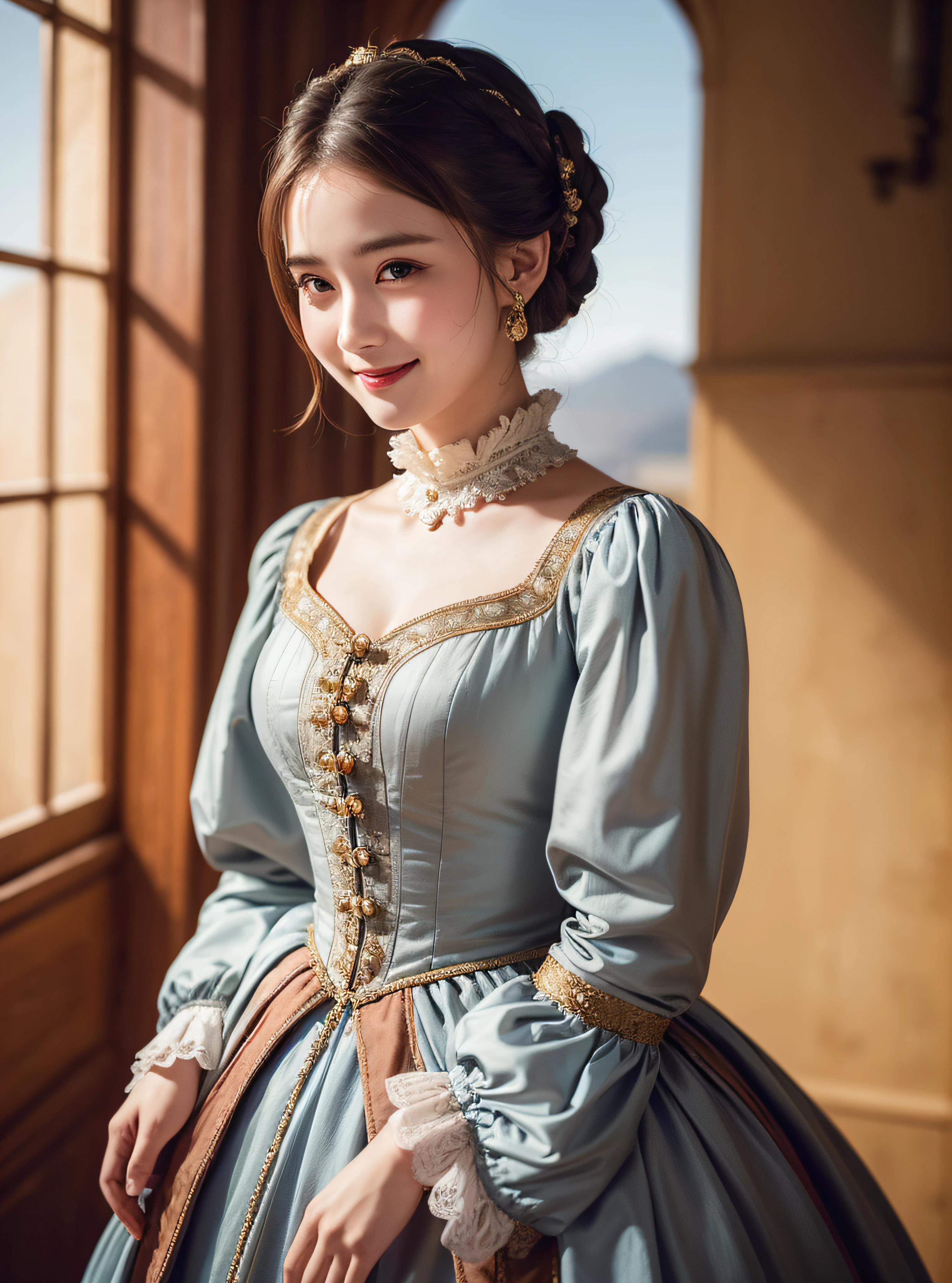a beautiful women , perfect face, full body, victorian era, noble dress, complicated decoration, spelling, talking, smiling, arms behind back, soft rim light, beautiful detailed sky, masterpiece, ultra high res, high quality, 4k, (photorealistic:1.2), photo,