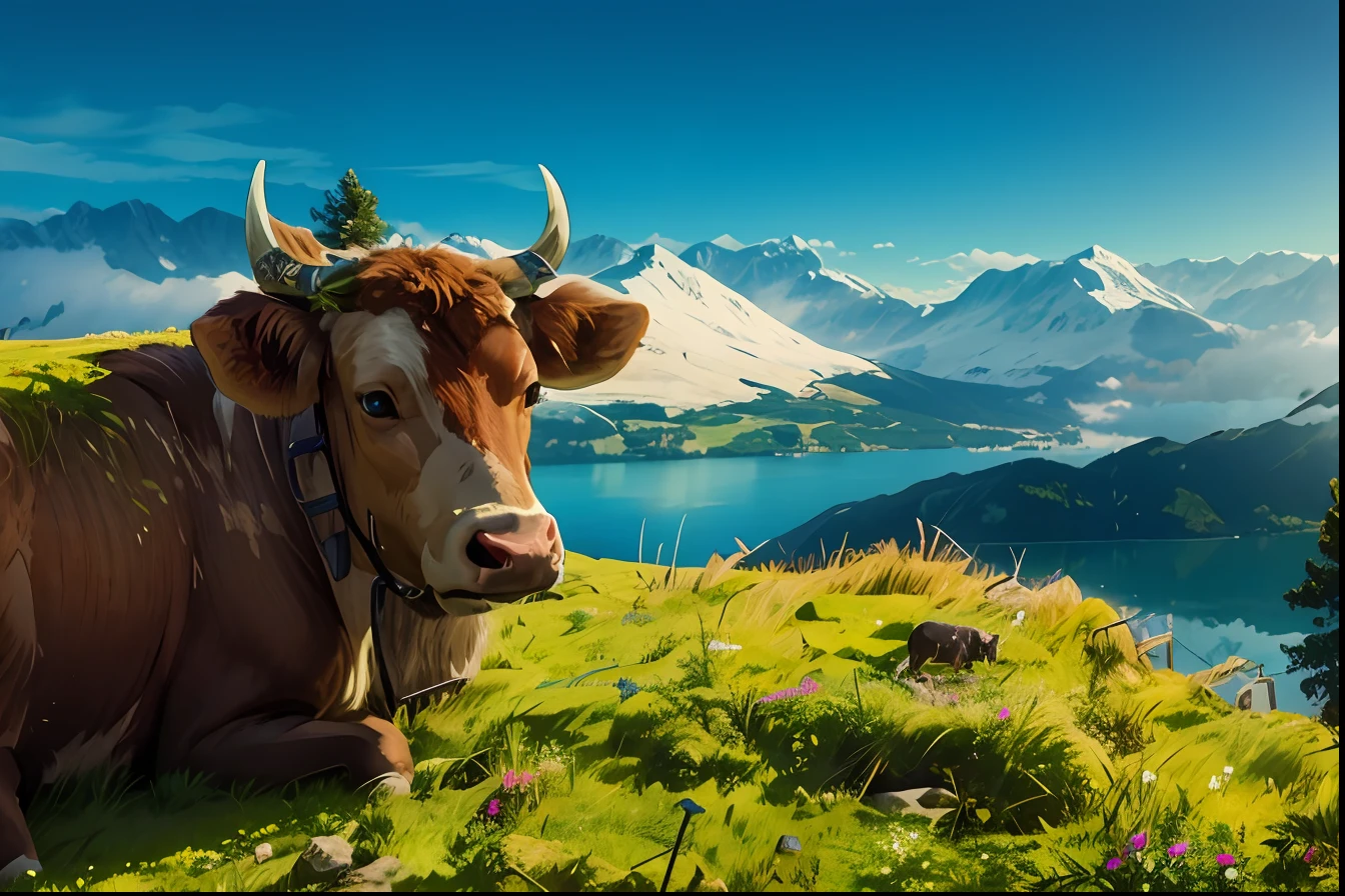 Vaca, Swiss landscape, alpes, hd, 8k,
