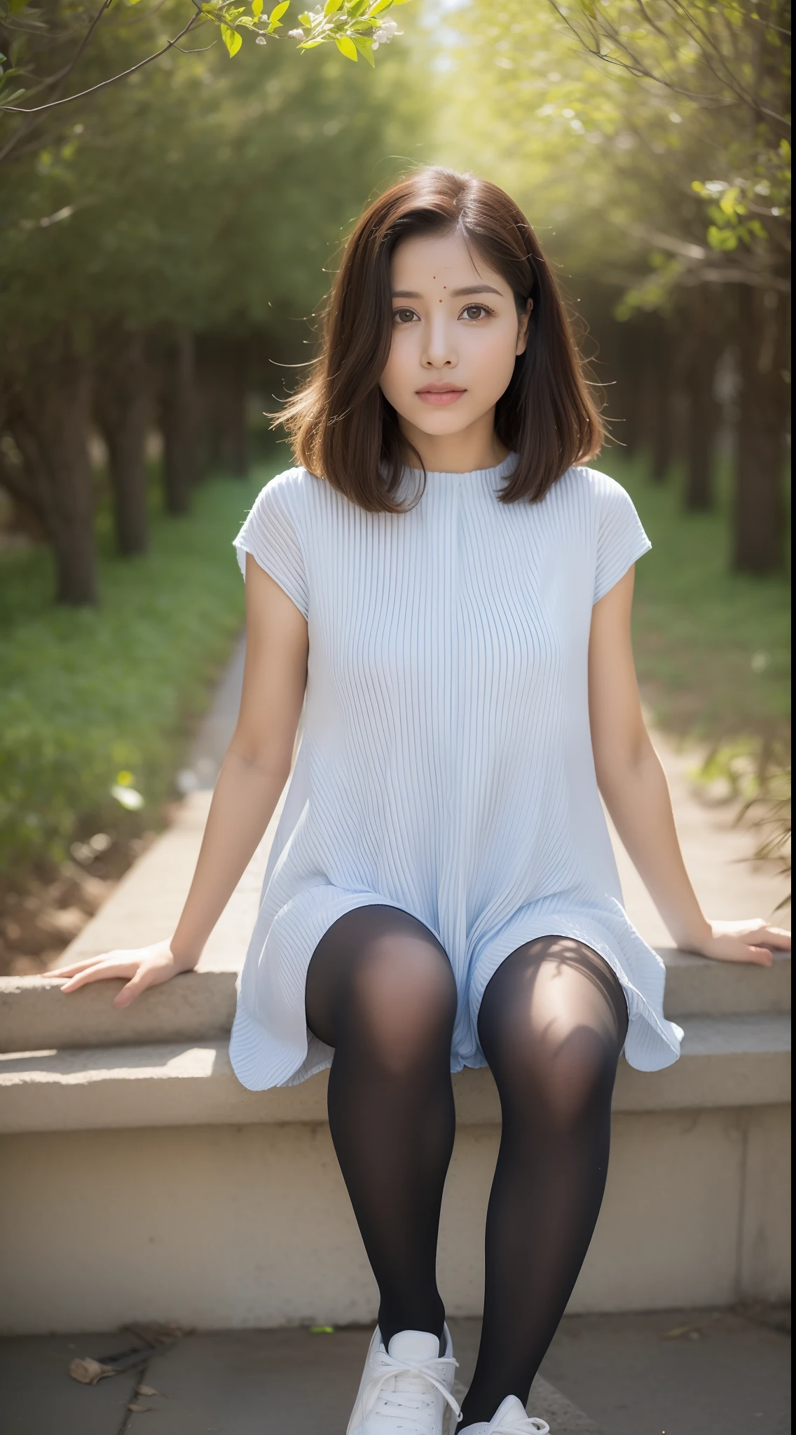 beautiful young indian girl, melhor qualidade, ultra high-resolution, (fotorrealista: 1.4), outono, sakura tree, sneaker, Vestido com decote, vestido transparente, knee tights, calcinha, brassier, ((salto-alto)), corpo perfeito, seios pequenos, seios nus, mamilos duros, cabelos longos loiro, ((olhos detalhados)), corpo inteiro, pose excitada, sentado no banco quadrado, ((chovendo)), ((roupa molhada)), pele detalhada, pele clara