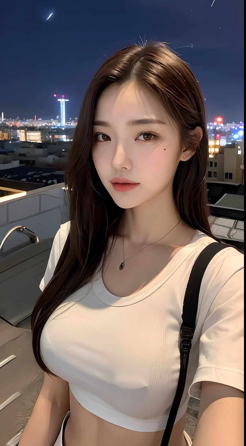 ((mid night、top-quality、8k、​masterpiece:1.3)), full bodyesbian, long legged, foco nítido:1.2, Beautiful woman with perfect body shape:1.4, Slender Abs:1.1, ((dark brown  hair、huge ???:1.2)), (White tight t-shirt、Jean Bib, is standing:1.2), ((Night City View、On the rooftop:1.3)), Highly detailed facial and skin texture, A detailed eye, 二重まぶた,bra very,??????