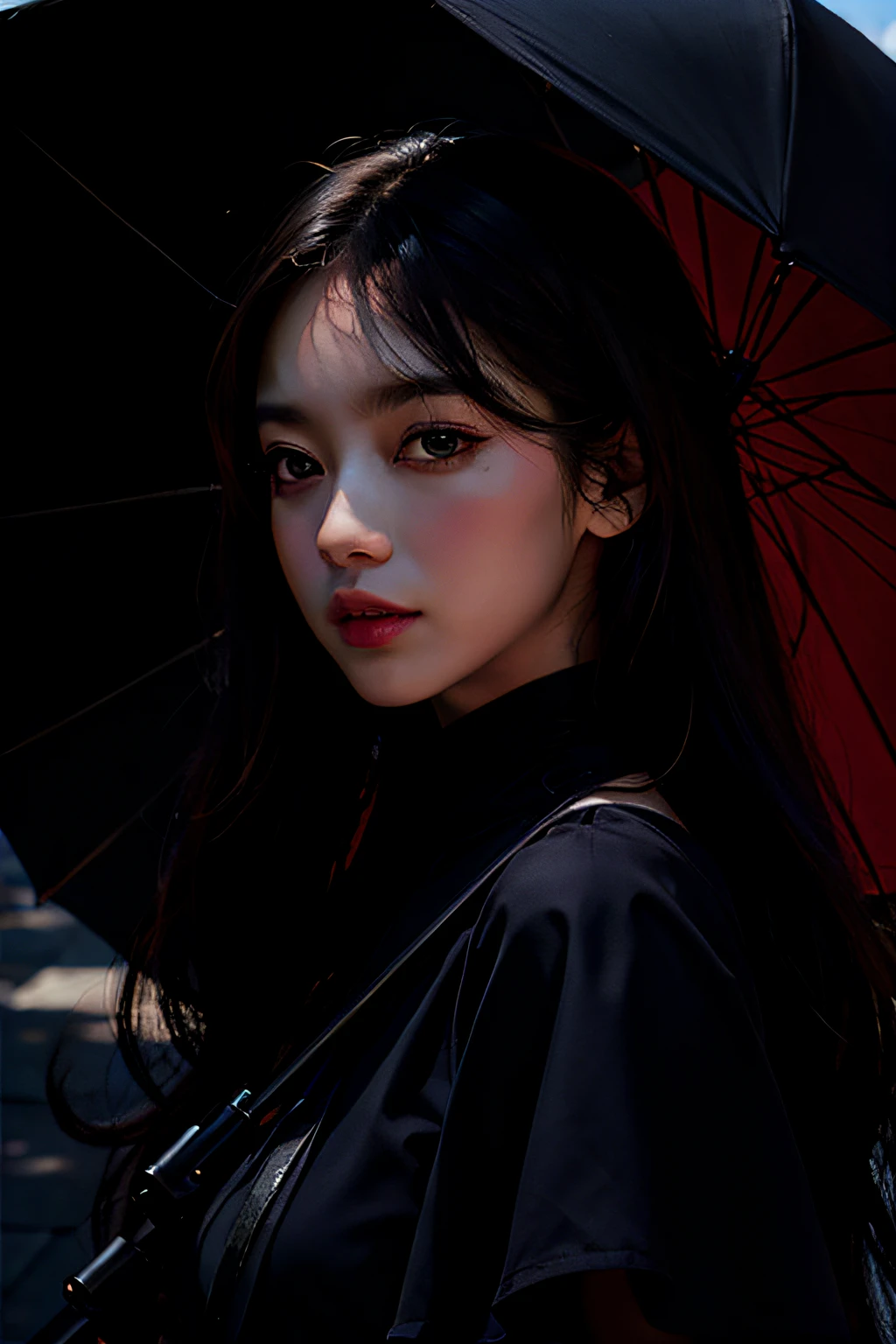 Black umbrella behind face, Sateen, blured background, View Profile, subdued colors, Calm tone