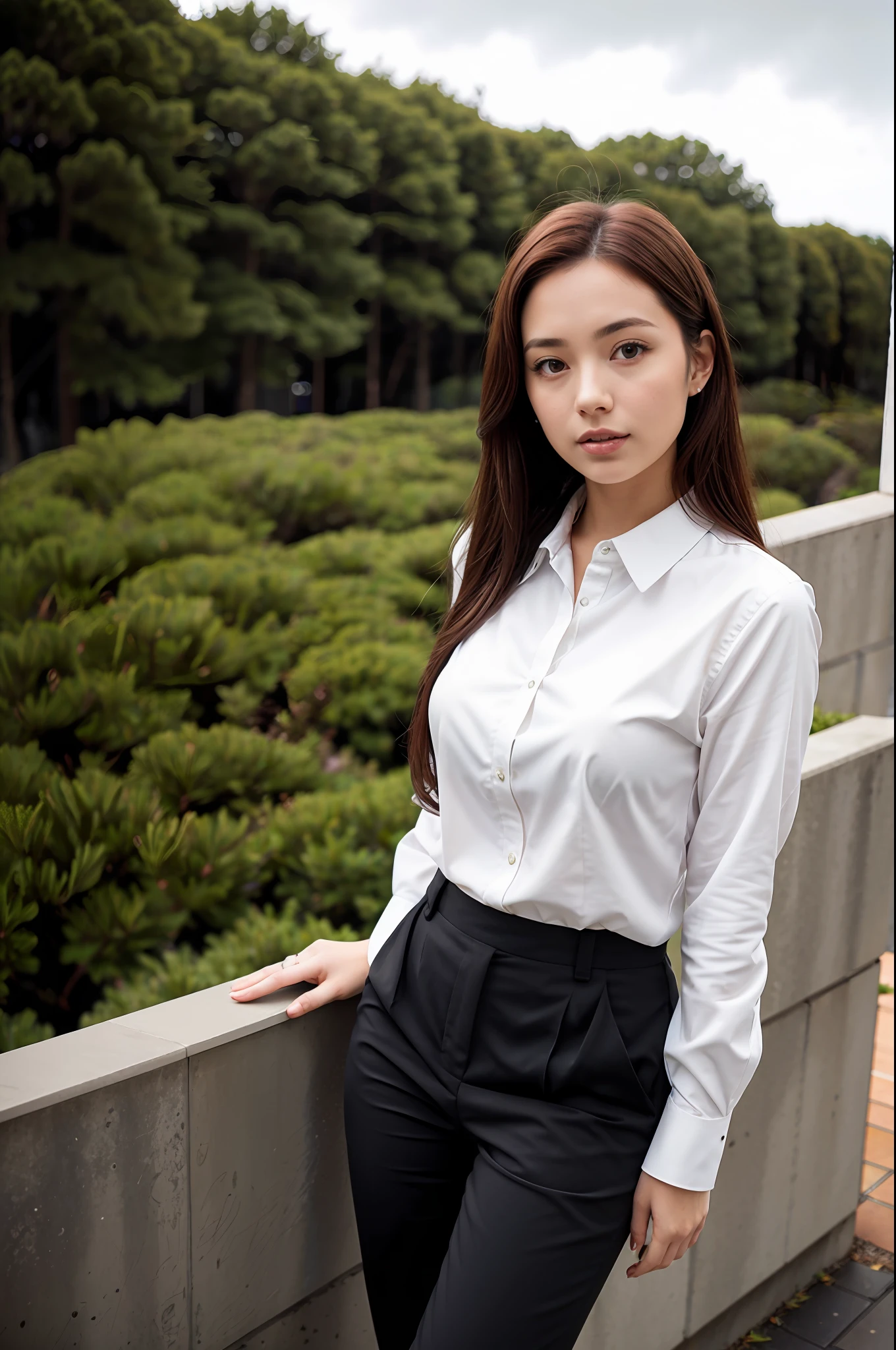 high angle kodachrome photo of a short office girl standing at the office green roof, wearing thin white blouse and black pants, top button opened, thick ash-brown hair, big round eyes, casual arms crossed, windy overcast weather, arched back, French manicure, best quality, ultra high res, photorealistic, masterpiece, pure_eros_face