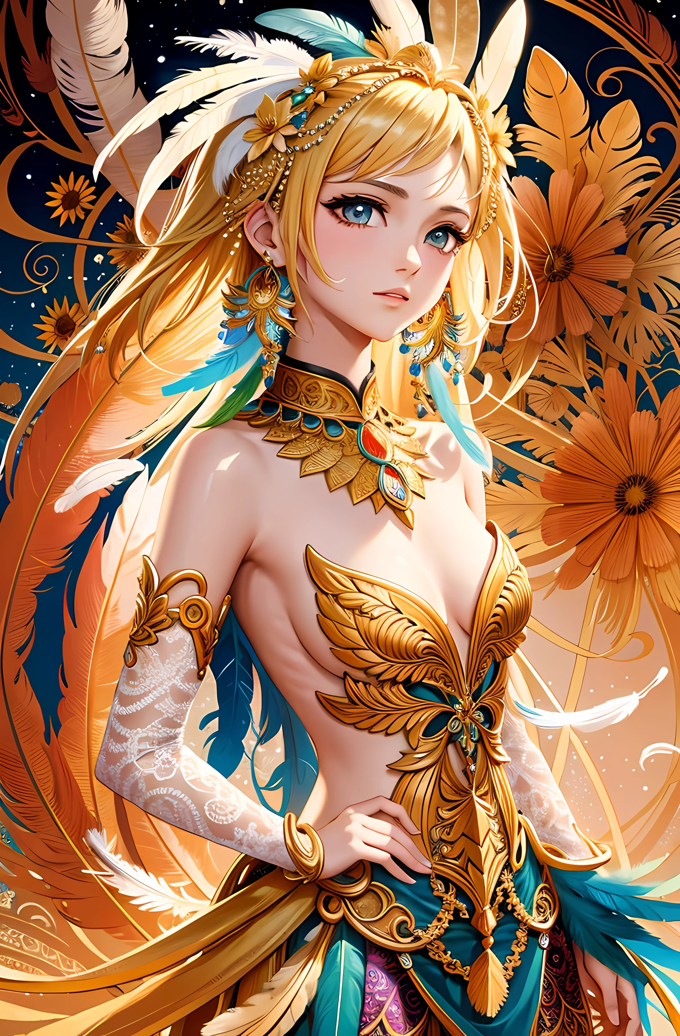 A girl with small breasts, bare shoulders, golden hair, colored feathers, metal ornaments, colored flowers, particles, light rays, (masterpiece, top quality, best quality, official art, beautiful and aesthetic:1.2), (1girl:1.3), extremely detailed,(fractal art:1.1),(colorful:1.1)(flowers:1.3),highest detailed,(zentangle:1.2), (dynamic pose), (abstract background:1.3), (shiny skin), (many colors :1.4), ,(earrings:1.4), (feathers:1.4)
