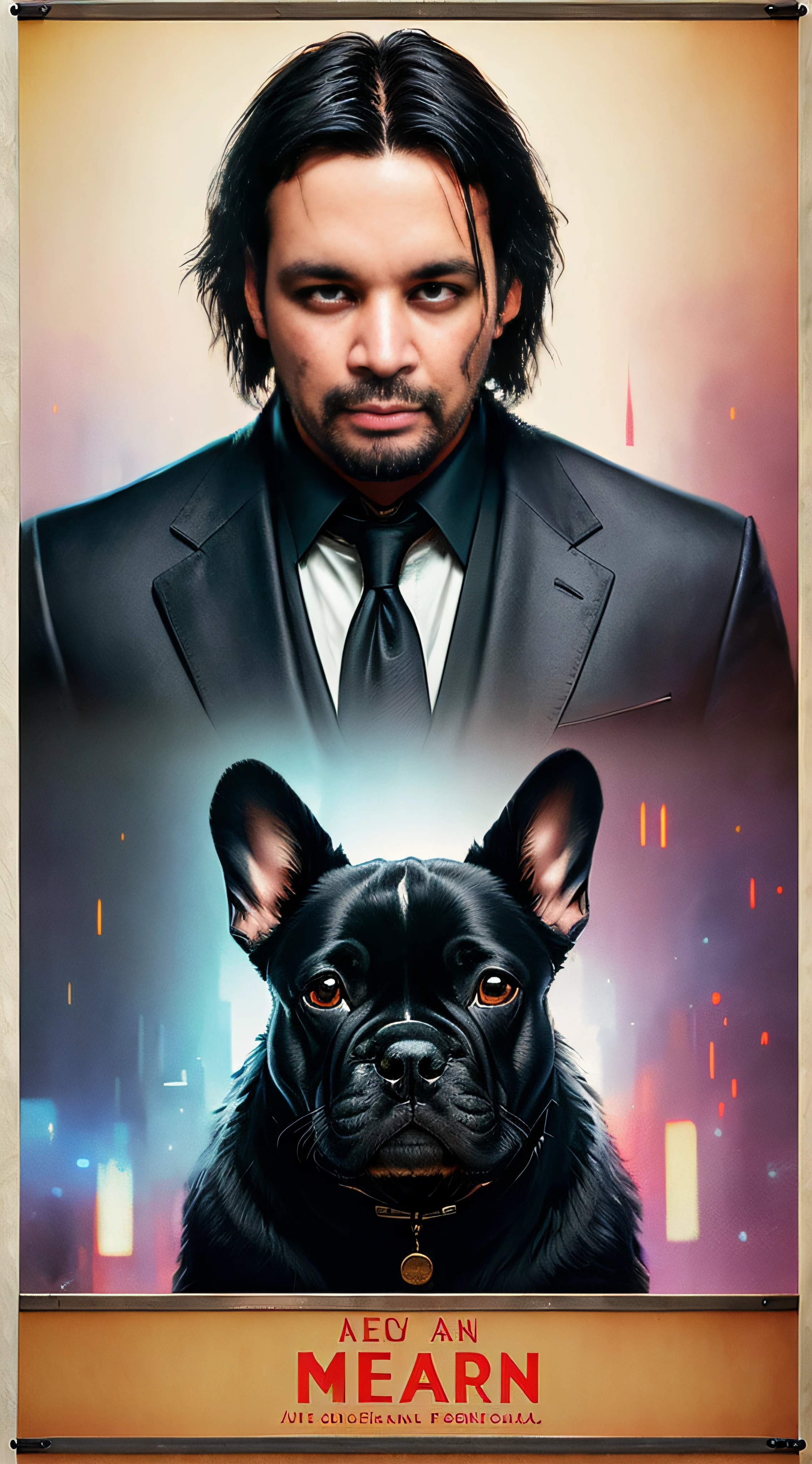 Keanu Reeves as Jonh wick walking whit French Bulldog, (Rome:1.1), vhs effect, (poster:1.6), poster on wall, nostalgia, movie poster, portrait, high-detaled face,(skin texture), intricately detailed, fine details, hyperdetailed, raytracing, subsurface scattering, diffused soft lighting, shallow depth of field, by Oliver Wetter,
 Intricate, High Detail, Sharp focus, dramatic, photorealistic painting art by greg rutkowski, bokeh