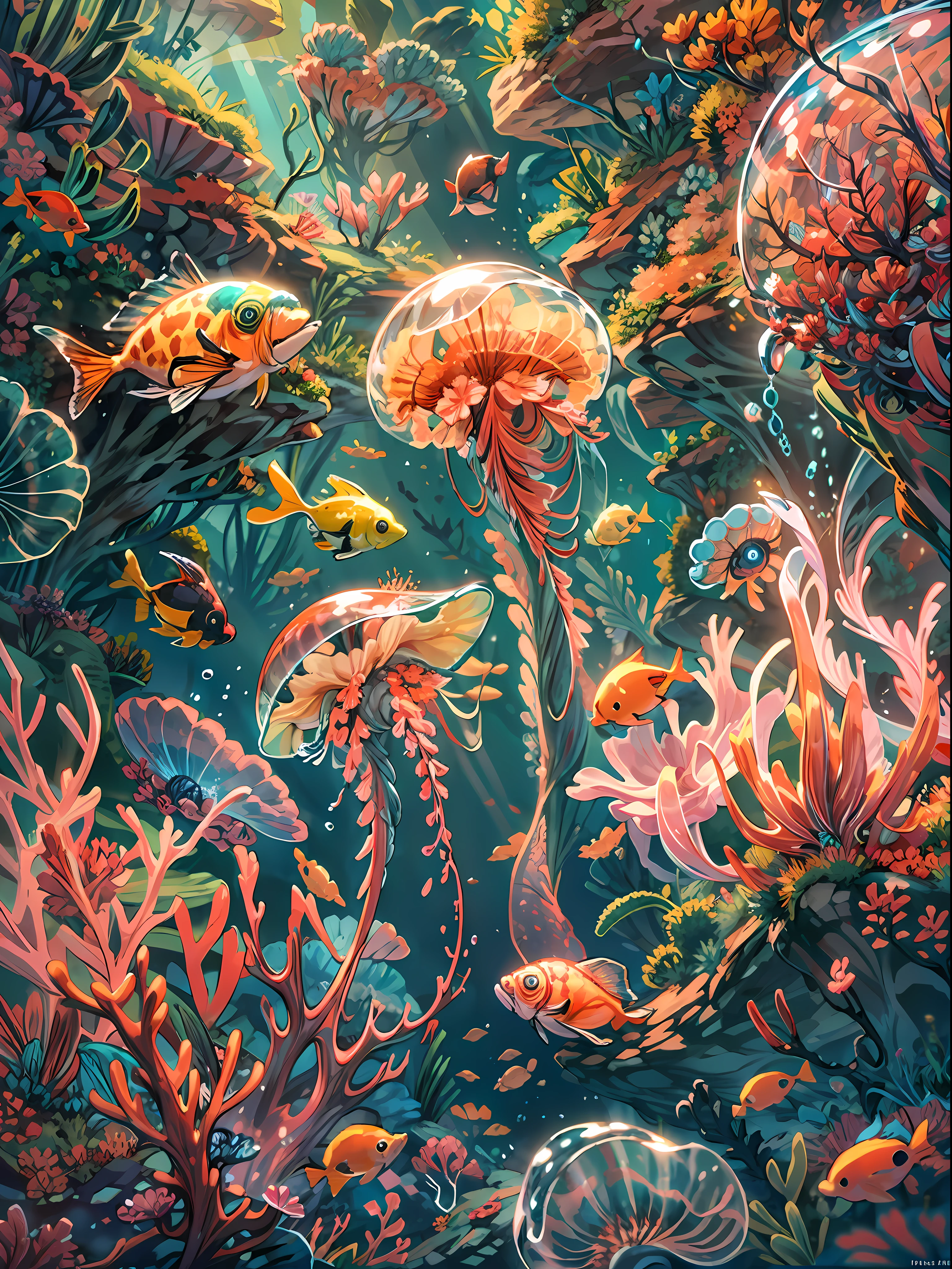 deep sea background, undersea scene, underwater light,jelly fish,, colorful small fishes, colorful coral reef, fantasy sea, dynamic angle, BREAK,Detailed,Realistic,4k highly detailed digital art,octane render, bioluminescent, BREAK 8K resolution concept art, realism,by Mappa studios,masterpiece,best quality,official art,illustration,ligne claire,(cool_color),perfect composition,absurdres, fantasy,focused,rule of thirds