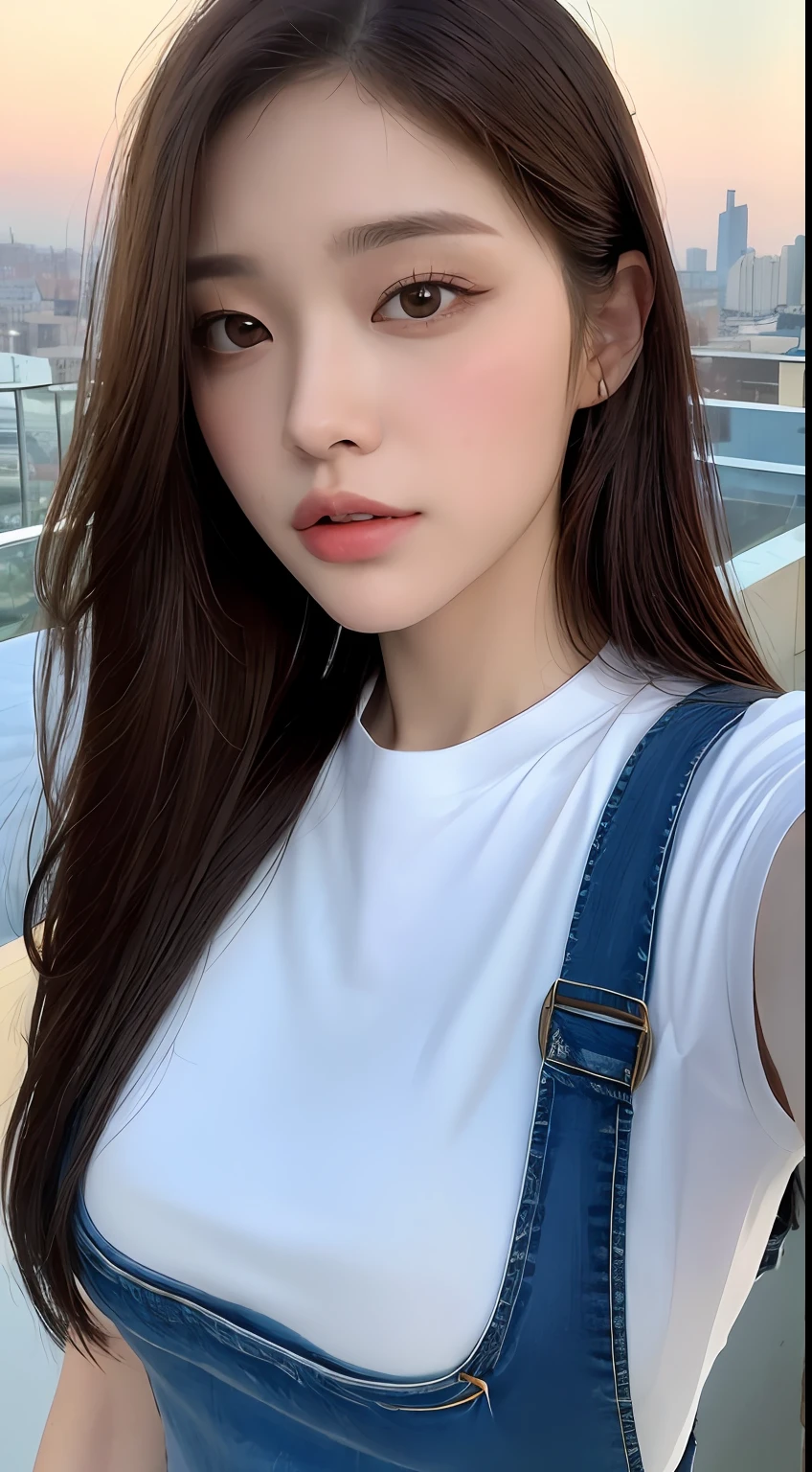 ((Midnight, Best Quality, 8k, Masterpiece: 1.3)), Full Body, Long Legs, Sharp Focus: 1.2, Pretty Women with Perfect Figure: 1.4, Slender Abs: 1.1, ((Dark Brown Hair, Big: 1.2)), (White Tight T-Shirt, Jean Bib, Standing:1.2), ((Night City View, Rooftop: 1.3)), Highly Detailed Face and Skin Texture, Detailed Eyes, Double Eyelids, nsfw