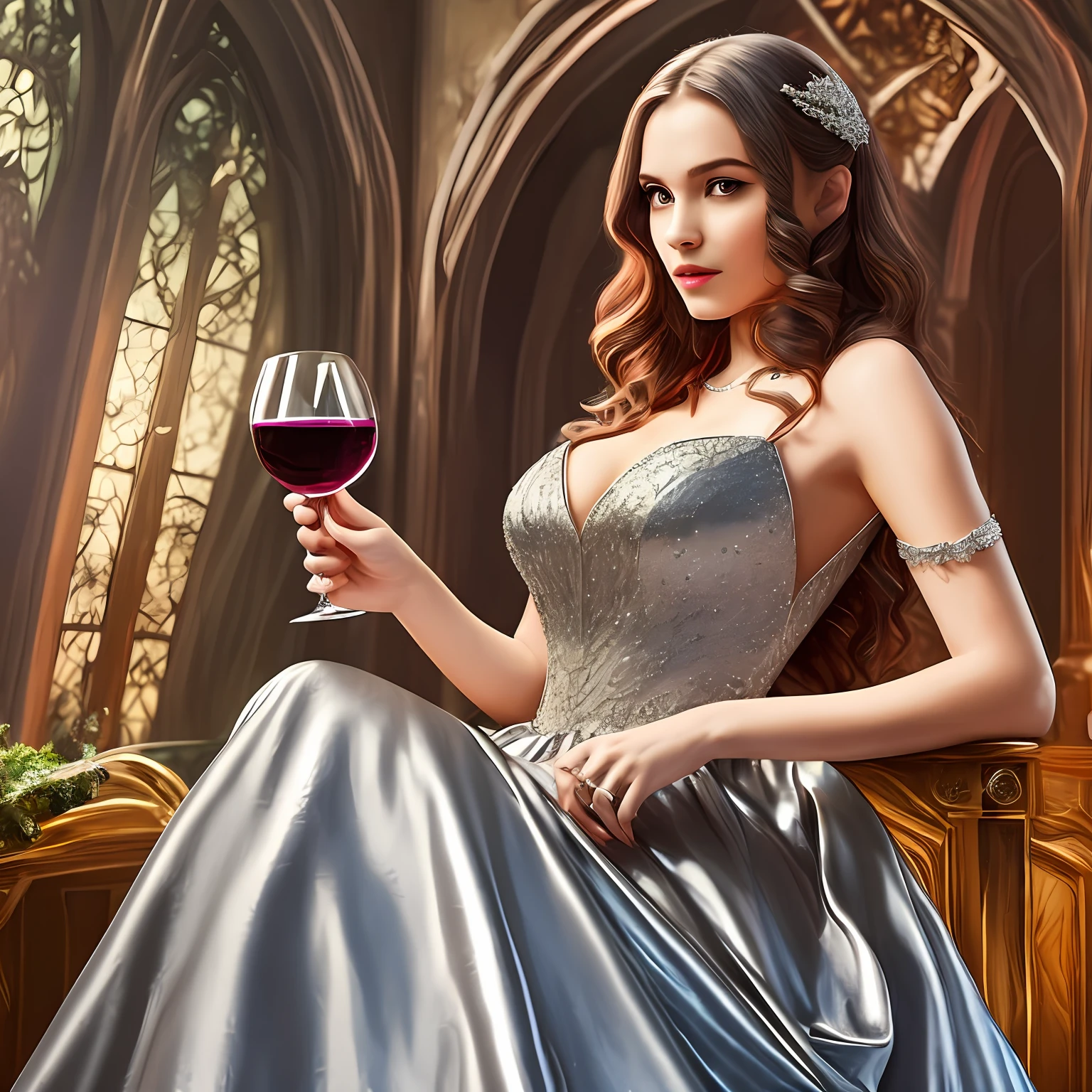 A young female vampire, beautiful, in a silver gown, holding a glass of wine in her hand. --auto --s2