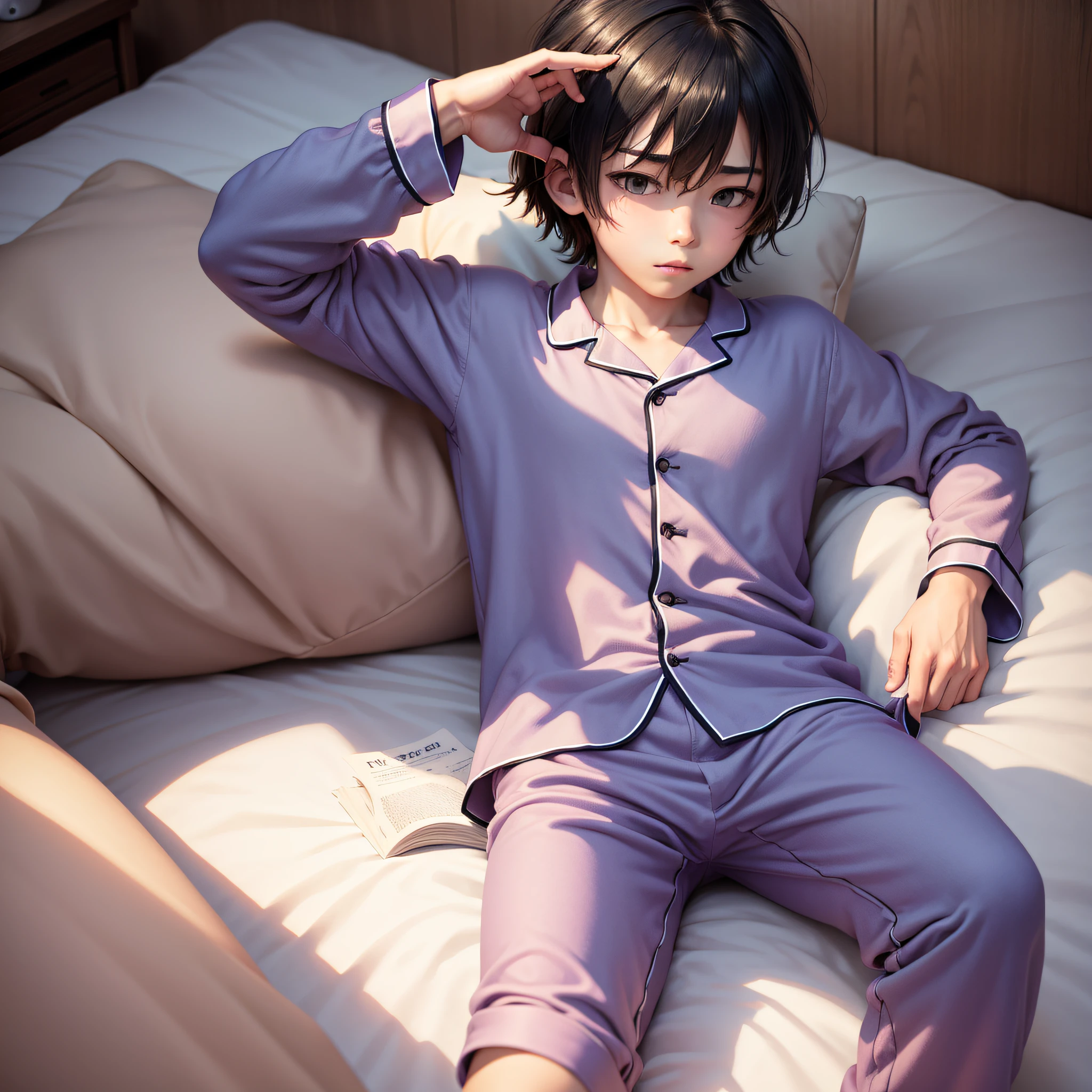 A two-dimensional shota wearing pajamas lying on a bed at home reading manga --auto