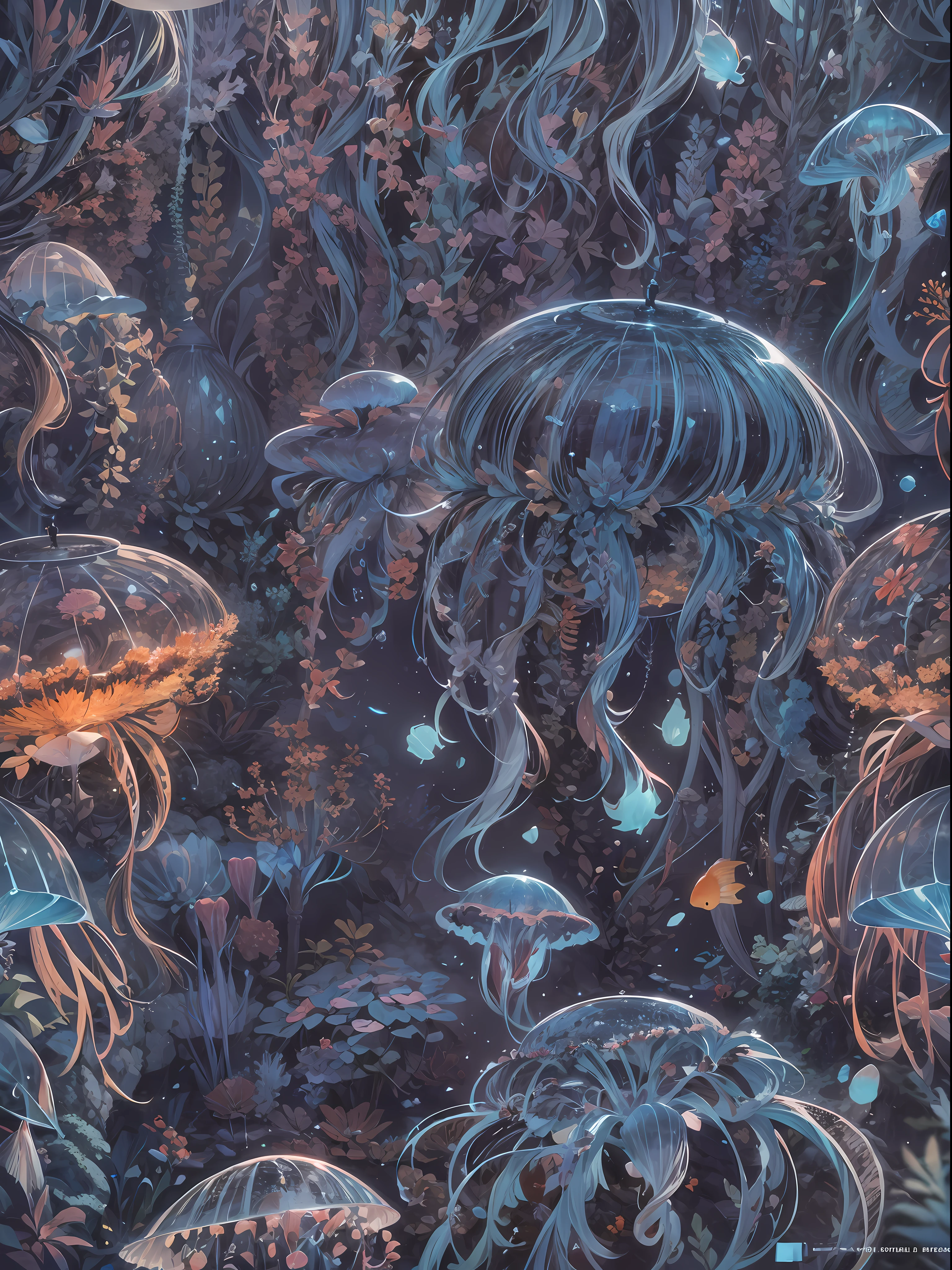 deep sea background, undersea scene, underwater light,jelly fish,, colorful small fishes, colorful coral reef, fantasy sea, dynamic angle, BREAK,Detailed,Realistic,4k highly detailed digital art,octane render, bioluminescent, BREAK 8K resolution concept art, realism,by Mappa studios,masterpiece,best quality,official art,illustration,ligne claire,(cool_color),perfect composition,absurdres, fantasy,focused,rule of thirds