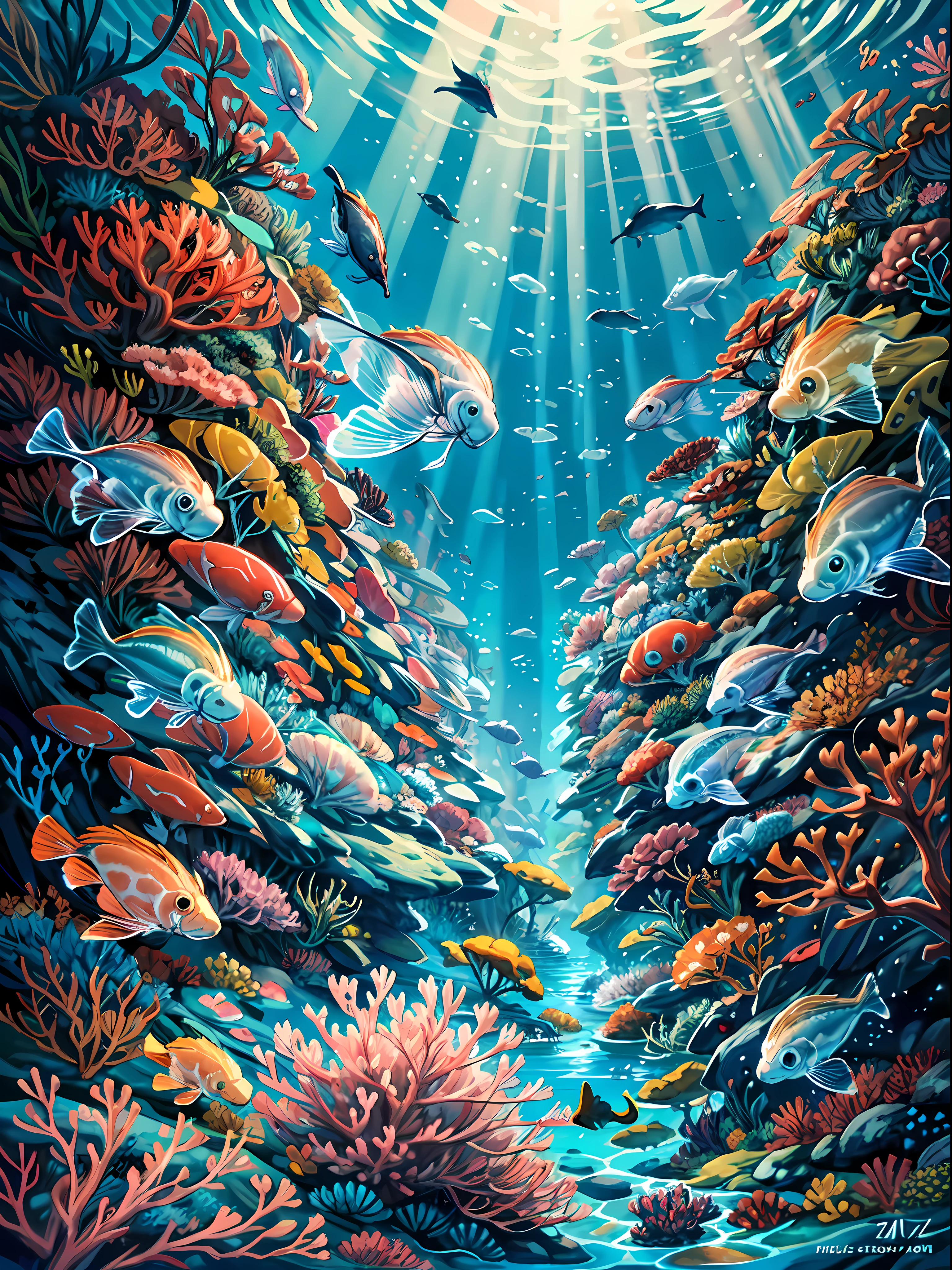 The image captures a surreal and otherworldly underwater scenery that is mesmerizingly beautiful, The foreground of the image is dominated by a vast, colorful coral reef, with a variety of coral species creating a tapestry of bright and vivid colors BREAK A myriad of small and large fishes dart in and out of the coral, adding to the sense of life and motion in the image. What truly sets this image apart from others, however, are the jellyfishes. These ethereal creatures are captured in a way that makes them seem almost like they are floating through the air, their long tentacles trailing behind them, as if they were a group of delicate ballerinas BREAK The jellyfishes are also illuminated from within, creating an otherworldly glow that seems to radiate throughout the entire image. The overall effect of the image is one of a dreamy and surreal underwater world, where the beauty of nature is both hauntingly serene and magnificent.