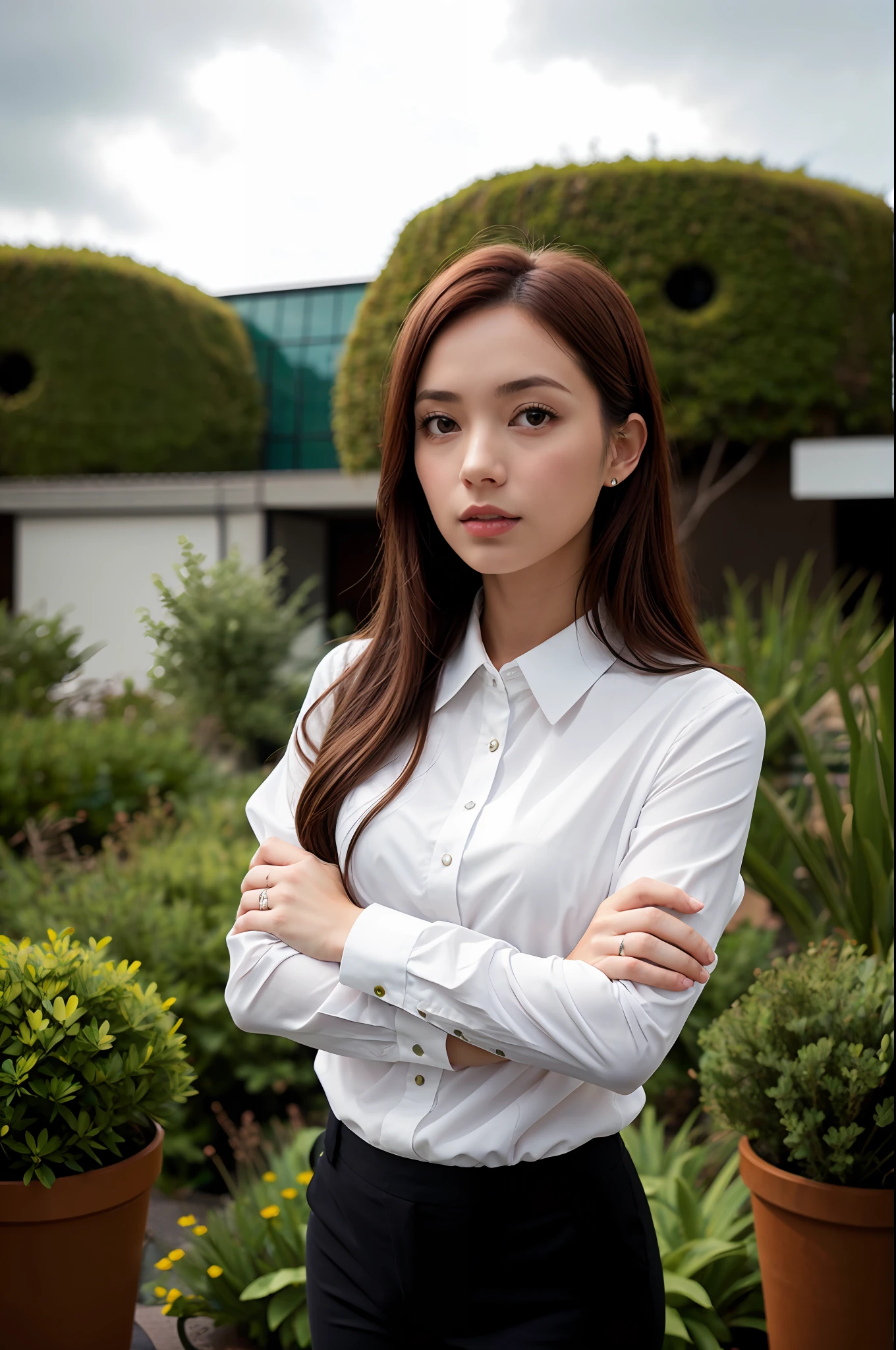 high angle kodachrome photo of a short office girl standing at the office green roof, wearing thin white blouse and black pants, top button opened, thick ash-brown hair, big round eyes, casual arms crossed, windy overcast weather, arched back, French manicure, best quality, ultra high res, photorealistic, masterpiece, pure_eros_face