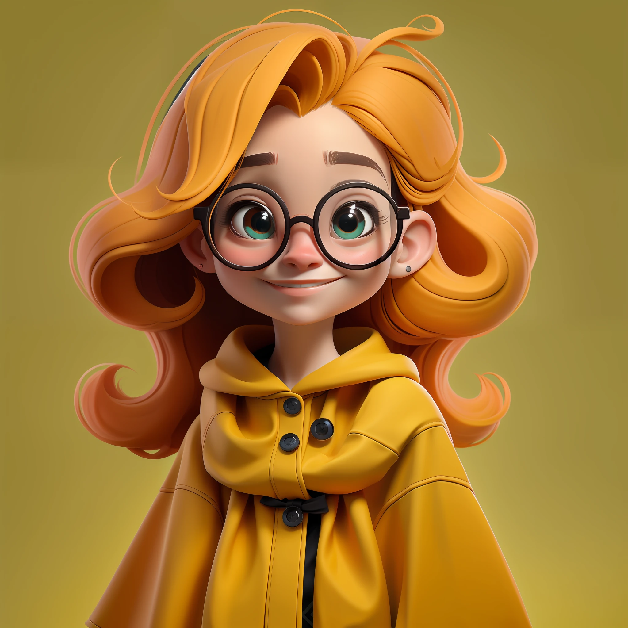 sozinho, 1girl, Foco feminino, fundo simples, sorrir, female , Round Eyewear, cabelo curto, boca fechada, Orange is a magical color with a warm and friendly personality. Ela tem um tom laranja brilhante, com cabelos liso e fofos como, cabelo todo laranja. Seus olhos irradiam bondade e afeto.