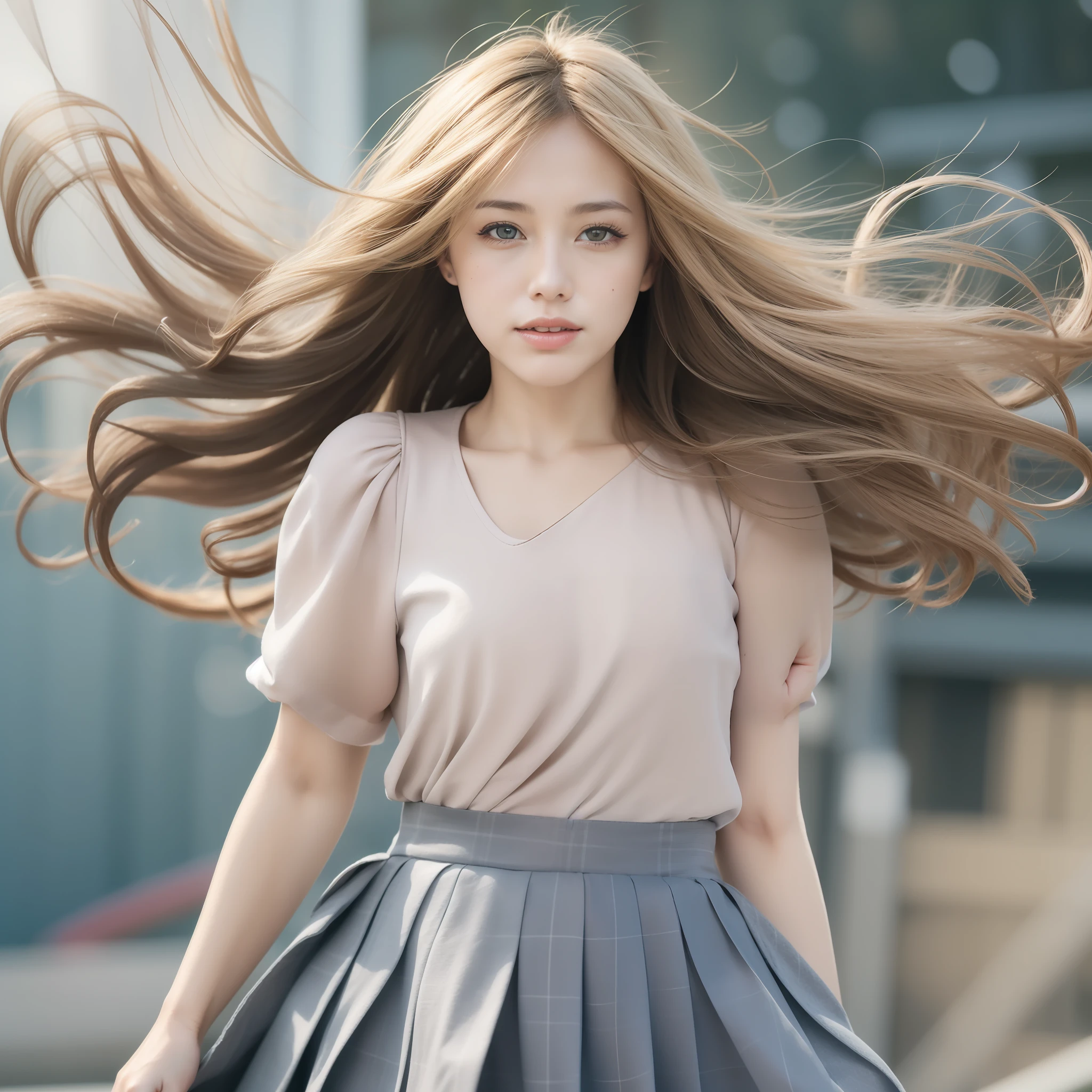 "(Best picture quality、A masterpice), white backgrounid, Ultra-thin paper,Sparkling, Beautiful and tasteful, The wind blew for a long time, curly blond hair, Vivid and stunning,Scottish pleated skirt,Greater wind,The wind blows hair,Floating hair,Static clothes,Short sleeved bodice。"