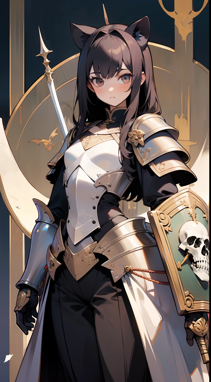 ((Master masterpiece)), ((Top image quality)), illustratio, The girls1Guys, Hair color, Bangs, Hairstyle Fax,Cat's ears、 slender、constricted hips、((Smaller chest))、A dark-haired、Magnificent General's Armor、The armor depicts a lion with precision decorations、Shield larger than a person's height、The shield has an intricate decoration、Stick the sword into the ground、I see a skeleton soldier in the distance、A huge amount of swords are stuck around her、