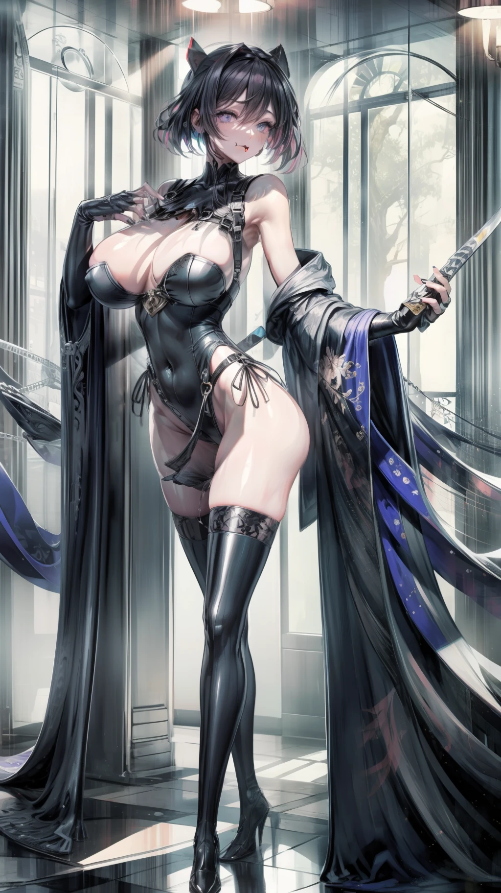 (NSFW),(NSFW),Sexy big sister,seminude,Cat steps,Elegant pace,Breasts are larger than the torso,gigantic cleavage breasts,Crazy swollen breasts oval face,Confuse the faces of sentient beings,Armed with a sharp sword,Beautiful upturned ass,A normal female human,Short dark purple hair,beautidful eyes,Large-chested and brainless,Dark purple hair and eyes,比基尼,Milk fierce,Naughty stuck out his tongue and licked the corner of his mouth((Erect body Shot:1.3,(urinating),(Urinary incontinence:1.47),Black translucent clothes,((Urine on the floor)),(putting makeup on),Beautiful big breasts,(Bigchest:1.4),(Exaggerated body proportions),(Nine-headed body),Slender legs,Elongated thighs,Breasts are larger than the torso,gigantic cleavage breasts,Crazy swollen breasts