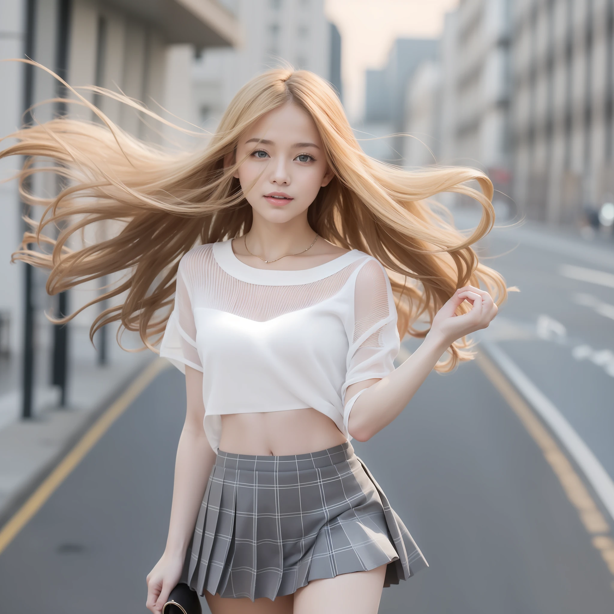 "(Best picture quality、A masterpice), white backgrounid, Ultra-thin paper,Sparkling, Beautiful and tasteful, The wind blew for a long time, curly blond hair, Vivid and stunning,Scottish pleated skirt,Greater wind,The wind blows hair,Floating hair,Static clothes,Short sleeved bodice。"