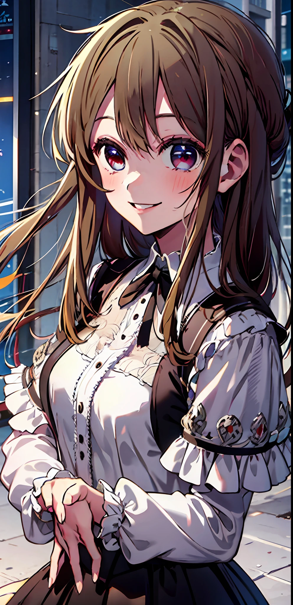 original character , A brown-haired girl, her left eye is a clock eye, her right eye is blue, smiling slightly. A black gothic lolita pleated dress