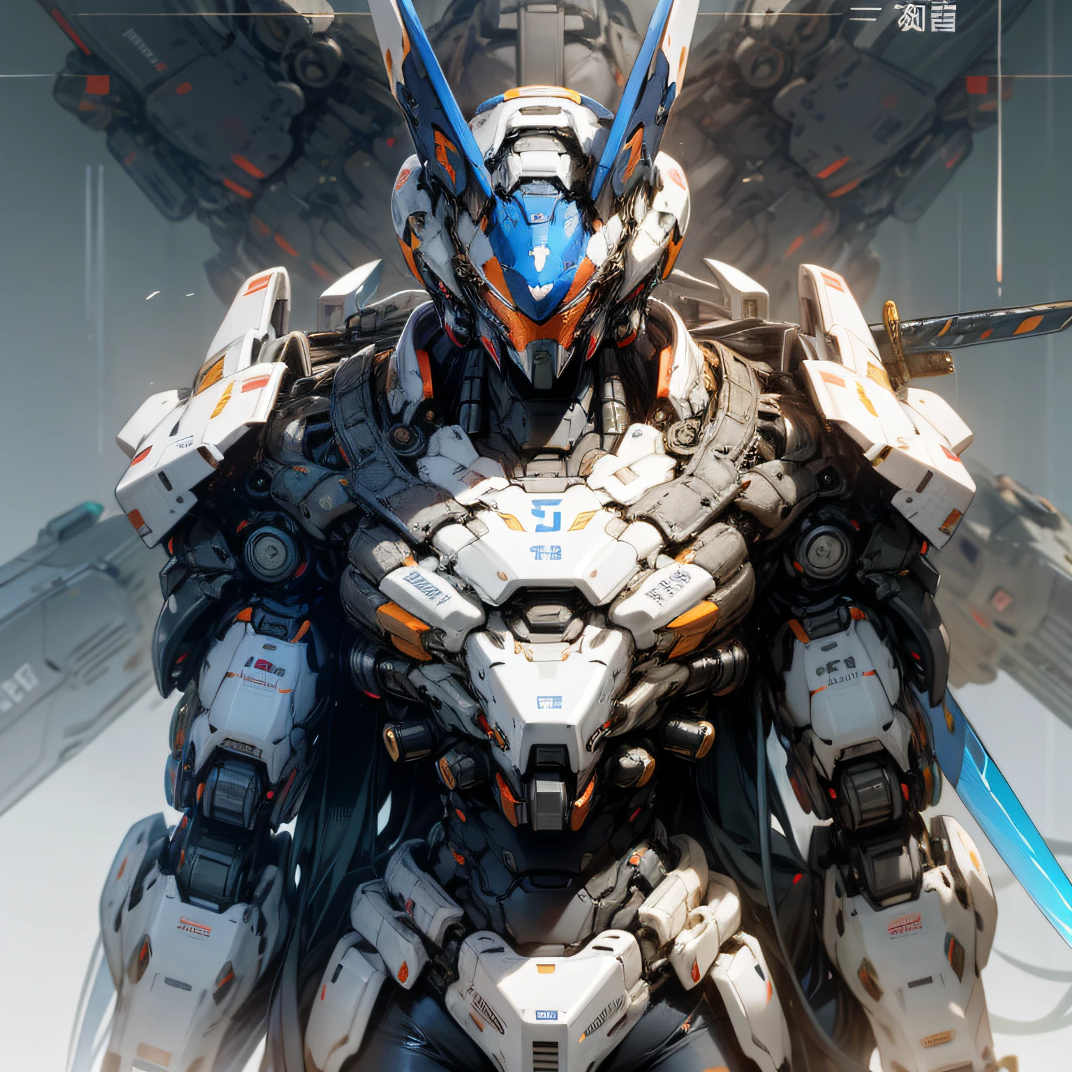 full bodyesbian、Side Body、white color mecha、Blue accents、Carry a giant sword、mecha asthetic、Futuristic mech style,废墟、Long legs、Muscular、Look up、Grand background --auto