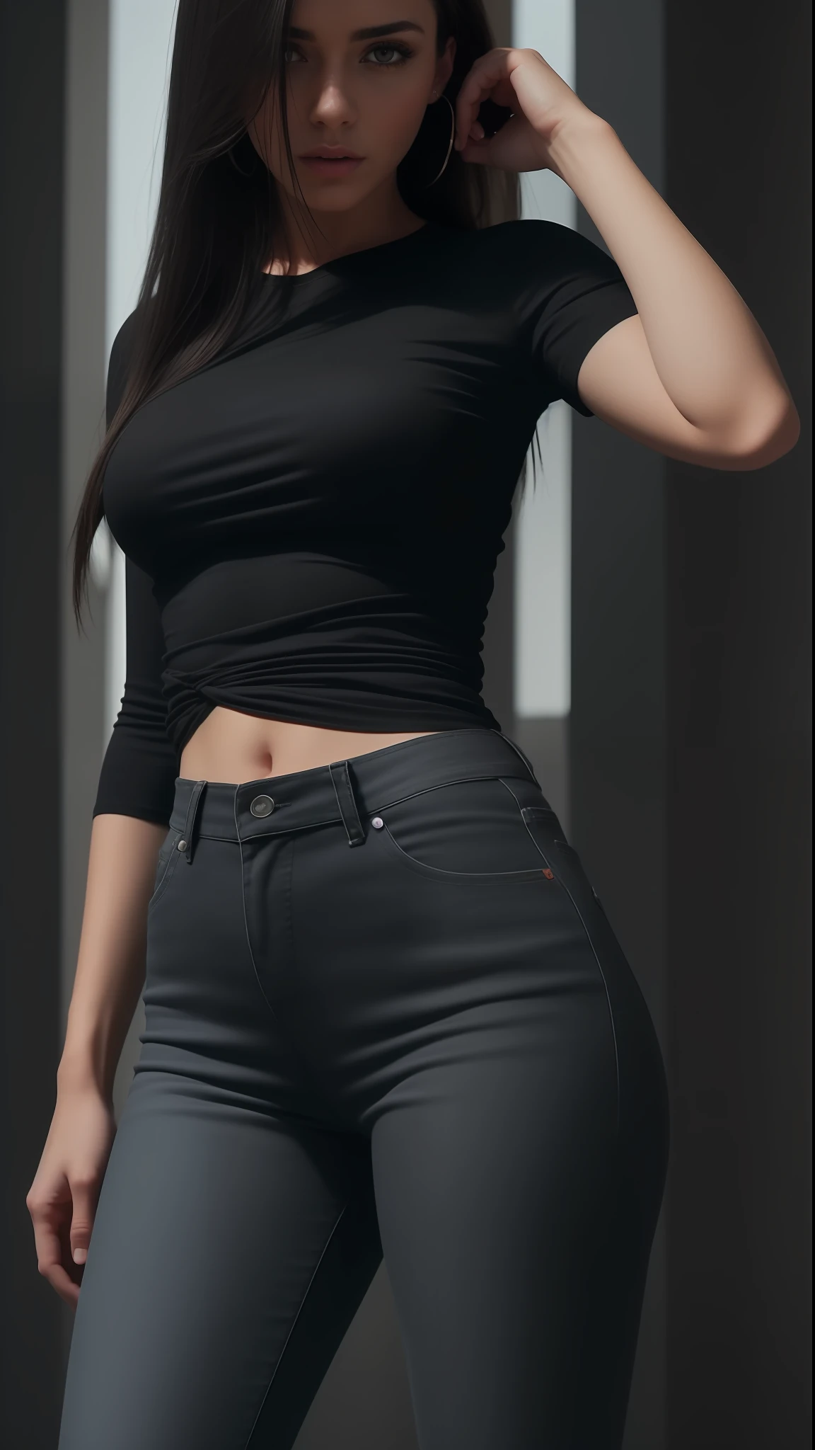 .(Futuristic spanish young woman, in a black basic tee-shirt, tight jeans) action pose, epic scene, lots of fine detail, movie style, photography, natural textures, natural light, natural blur, photorealism, cinematic rendering, ray tracing, highest quality, highest detail, Cinematic, Blur Effect, Long Exposure, 8K, Ultra-HD, Natural Lighting, Moody Lighting, Cinematic Lighting, hyper-realistic,  vibrant,  8k, detailed, ultra detail, black round neck Tee-shirt with tight jeans,