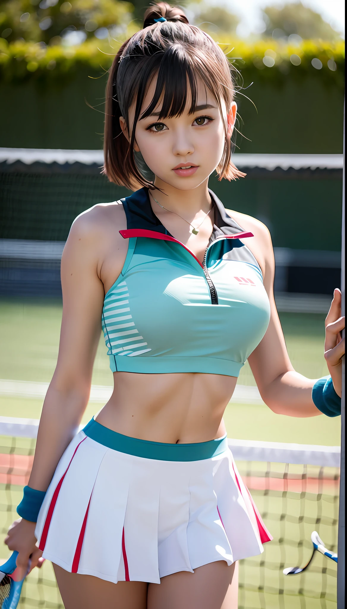 top-quality, Master masterpiece, alto_res, 1 rapariga, Beautiful face, photographrealistic, Rim lighting, (High detailed skin:1.2), 8K UHD, Digital SLR, hightquality, hight resolution, 4 k, 8K, bokeh feeling, hugetits, absurderes, Maximum ratio 4 fingers 1 thumb, Schoolgirl in the Japan of shortcuts、short-cut, Glossy fabric, Colossal tits、Navel dashi、Tennis Uniform Cosplay、chest protruded、Free Posing、Tennis Club Uniform Cosplay、Very beautiful legs、God Beautiful Legs、Tennis uniforms and rackets、Play games on the tennis court