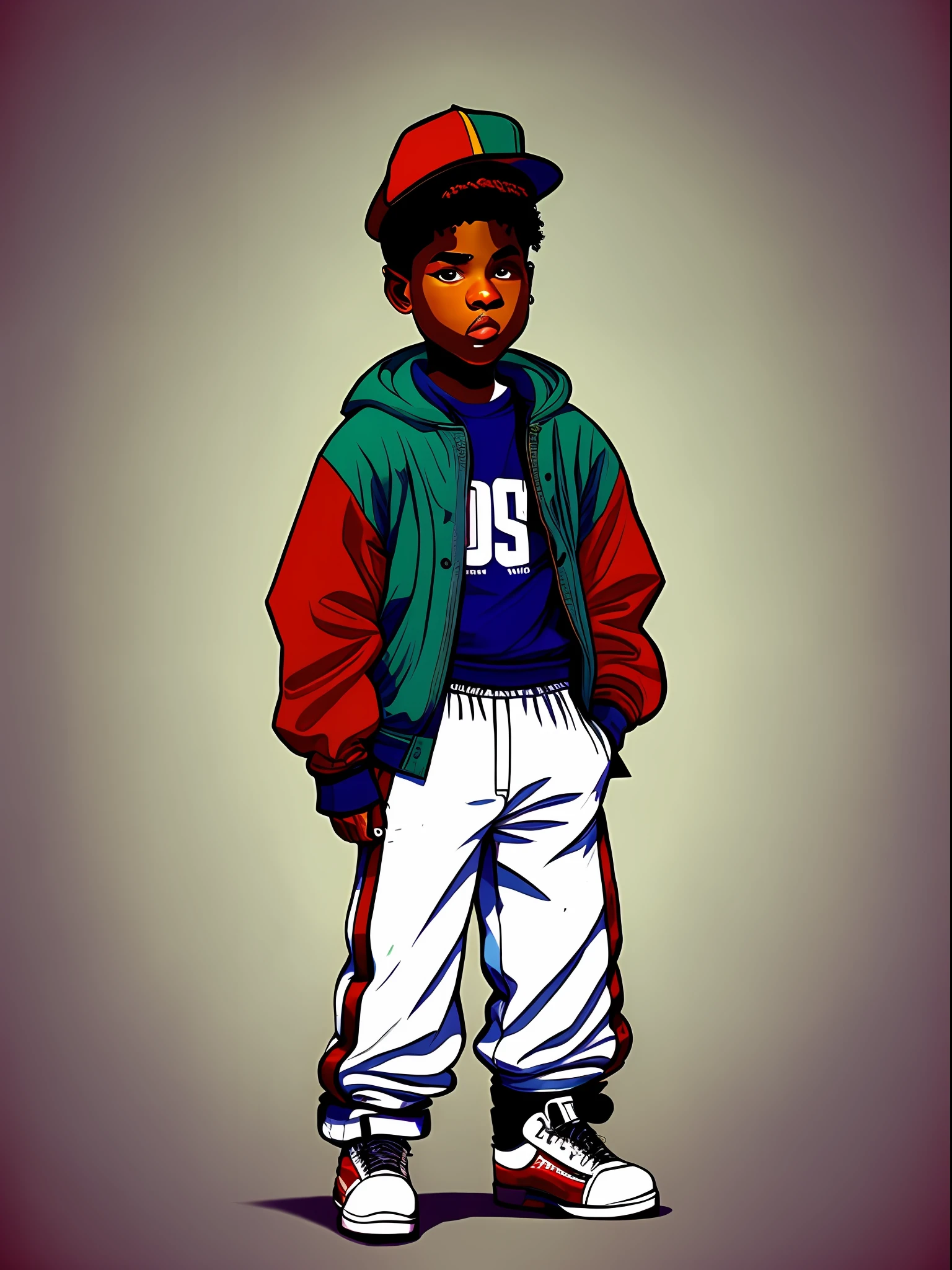 Picture of a boy standing, vestindo roupas estilo hip-hop, caixas de som, Estilo anos 90