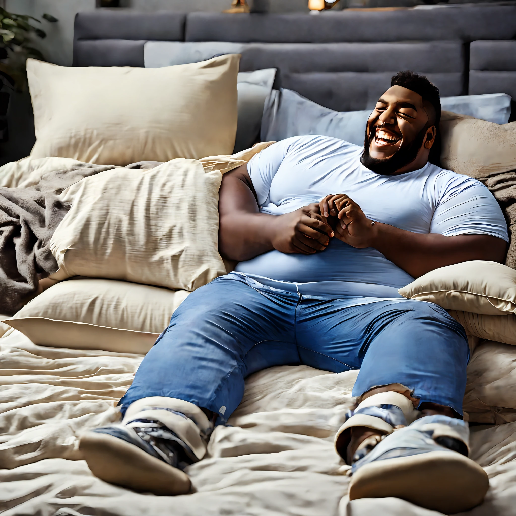 Highest image quality,4K ,The is very detailed,A 17-year-old 250-pound fat man with a goatee leaning against a pillow,Pedaling your legs,Laughing,Lie on top of bed three in the bedroom,Play Naruto mobile game, --auto