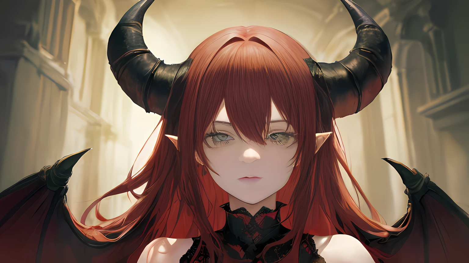 masterpiece, best quality, high quality,(a red haired girl with green eyes and black horns and surrounded by darkness:1.2), (demons of fear and suffer:1.4), (dark fantasy:1.2), (darkness:1.2), abstraction, abyssopelagic, award winning photography, Depth of Field, HDR, extremely detailed, trending on artstation, trending on CGsociety, Intricate, High Detail